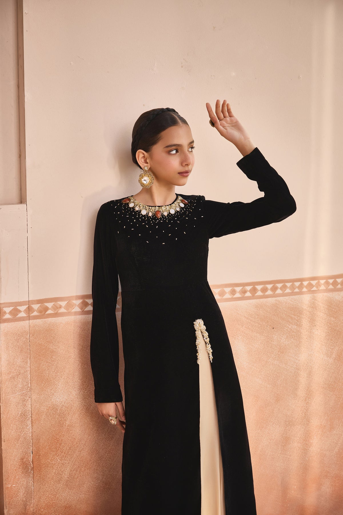 Naira Black Velvet Tunic & Beige Flared Pants