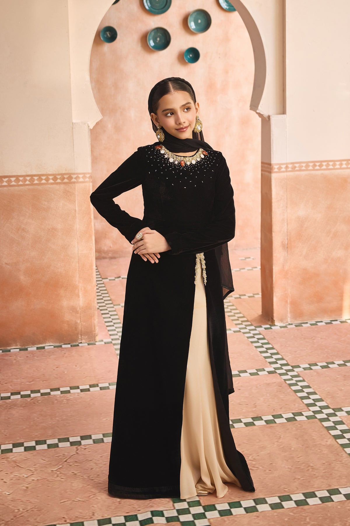 Naira Black Velvet Tunic & Beige Flared Pants with Scarf
