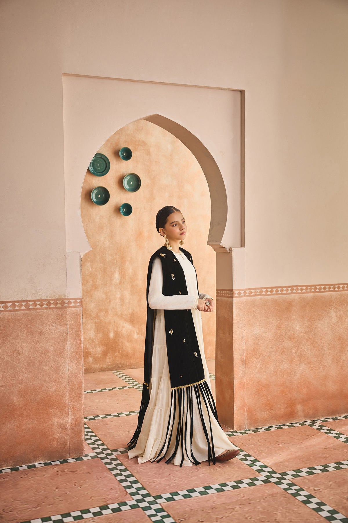 Nayel Black Fringe Cape with Cia Full Sleeves Jalabiya