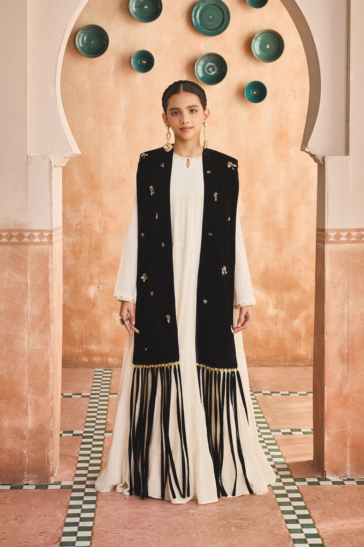Nayel Black Fringe Cape with Cia Full Sleeves Jalabiya