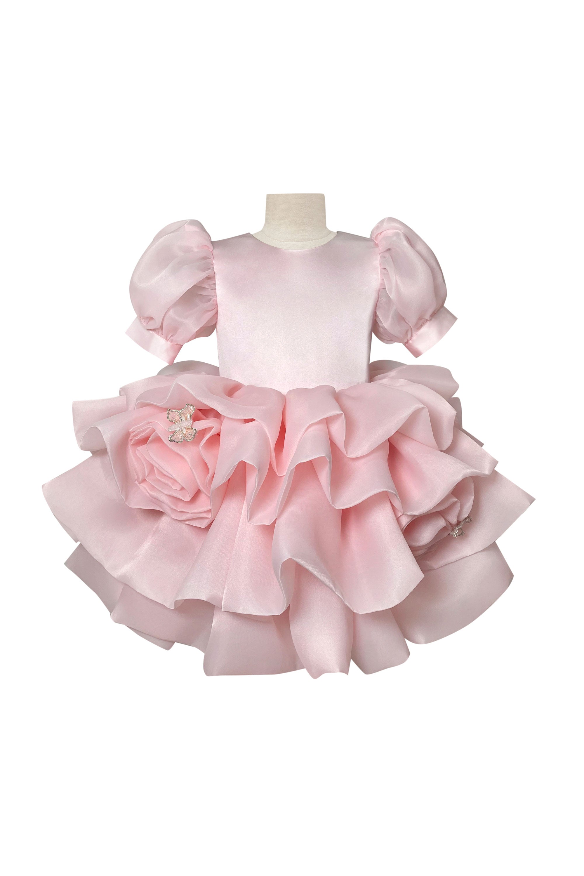 Pink Organza Rose Dress with Half Sleeves