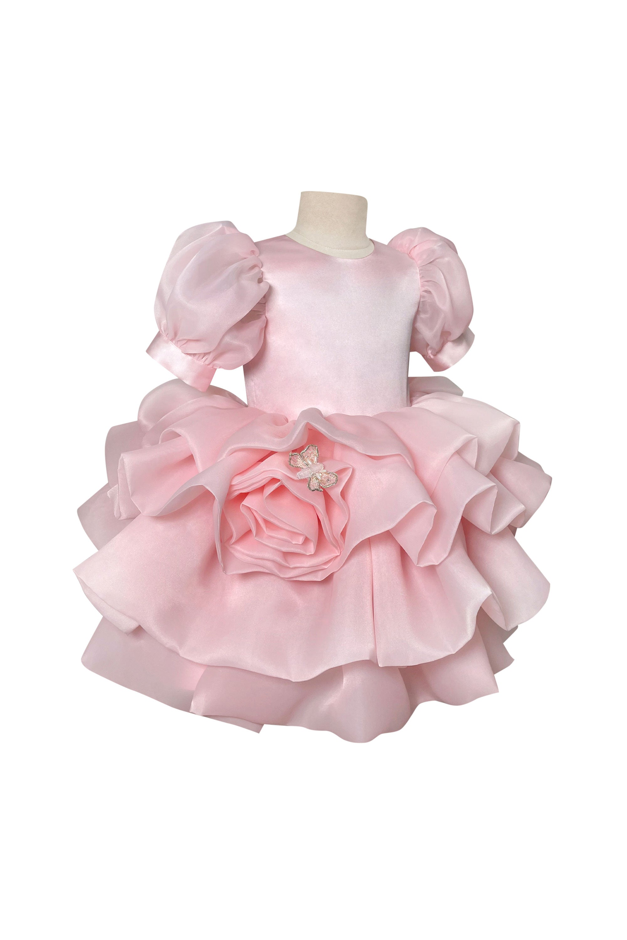 Pink Organza Rose Dress with Half Sleeves