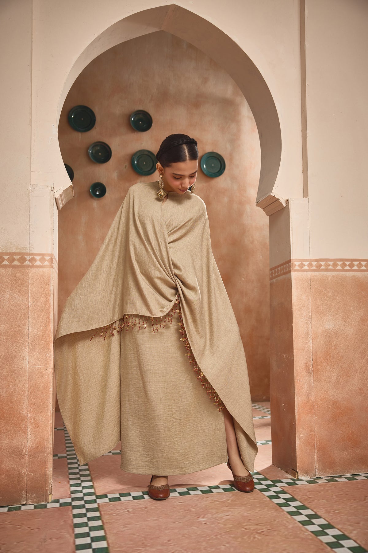 The Amal Draped Beige Cape Dress