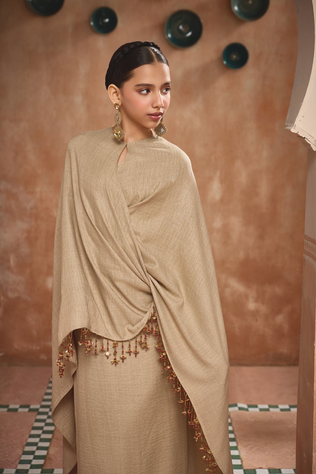 The Amal Draped Beige Cape Dress