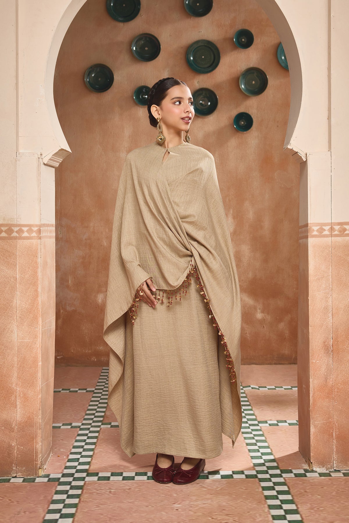 The Amal Draped Beige Cape Dress