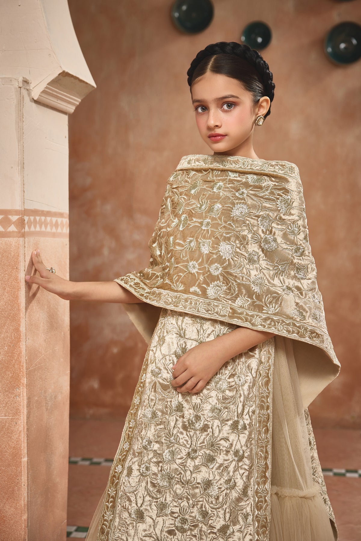 The Ayliz Embroidered Velvet Cape with Tulle Dress