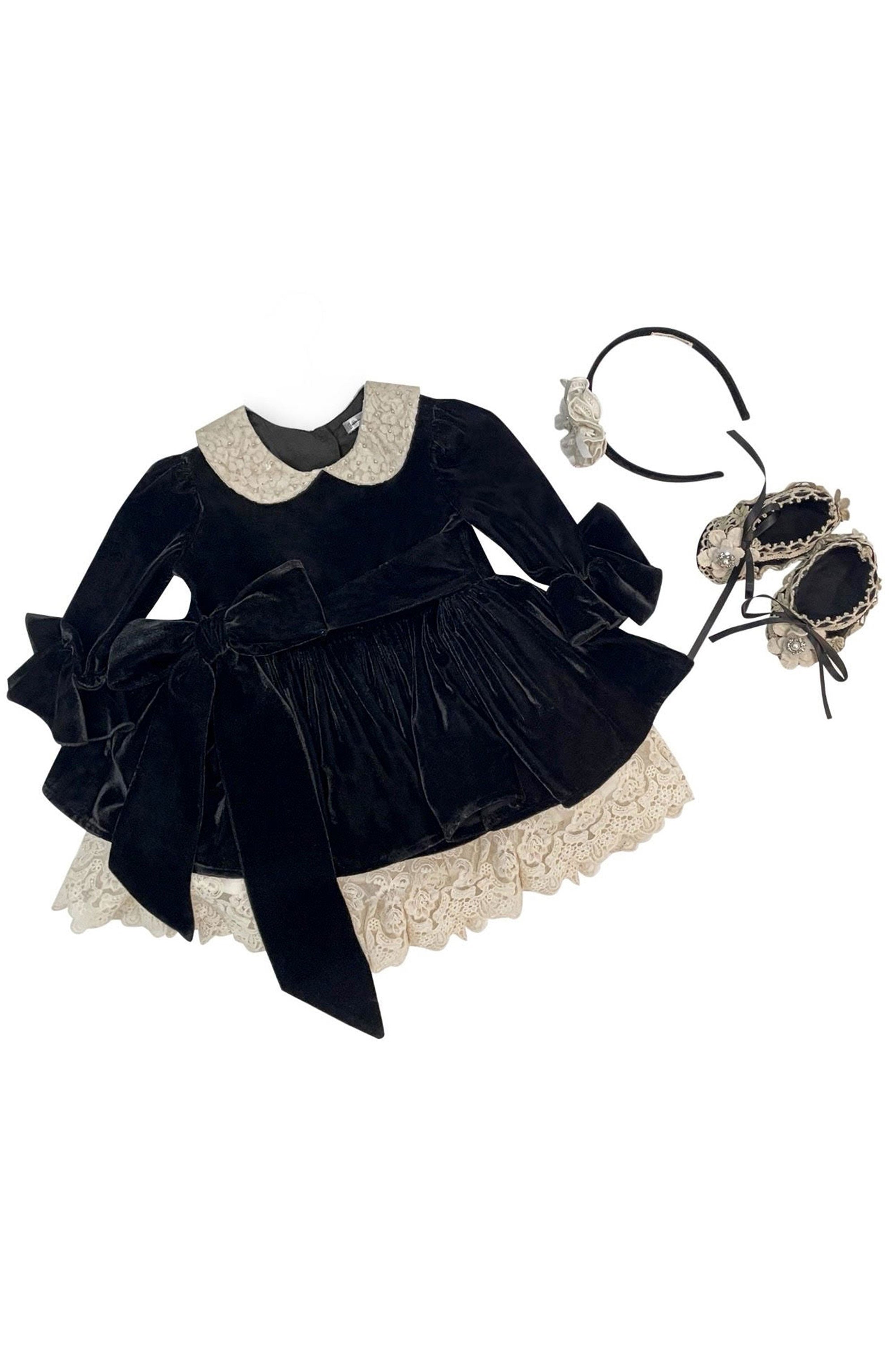 black velvet infant dress Short Sleeve Black Velvet Dress with Lace Collar 6
