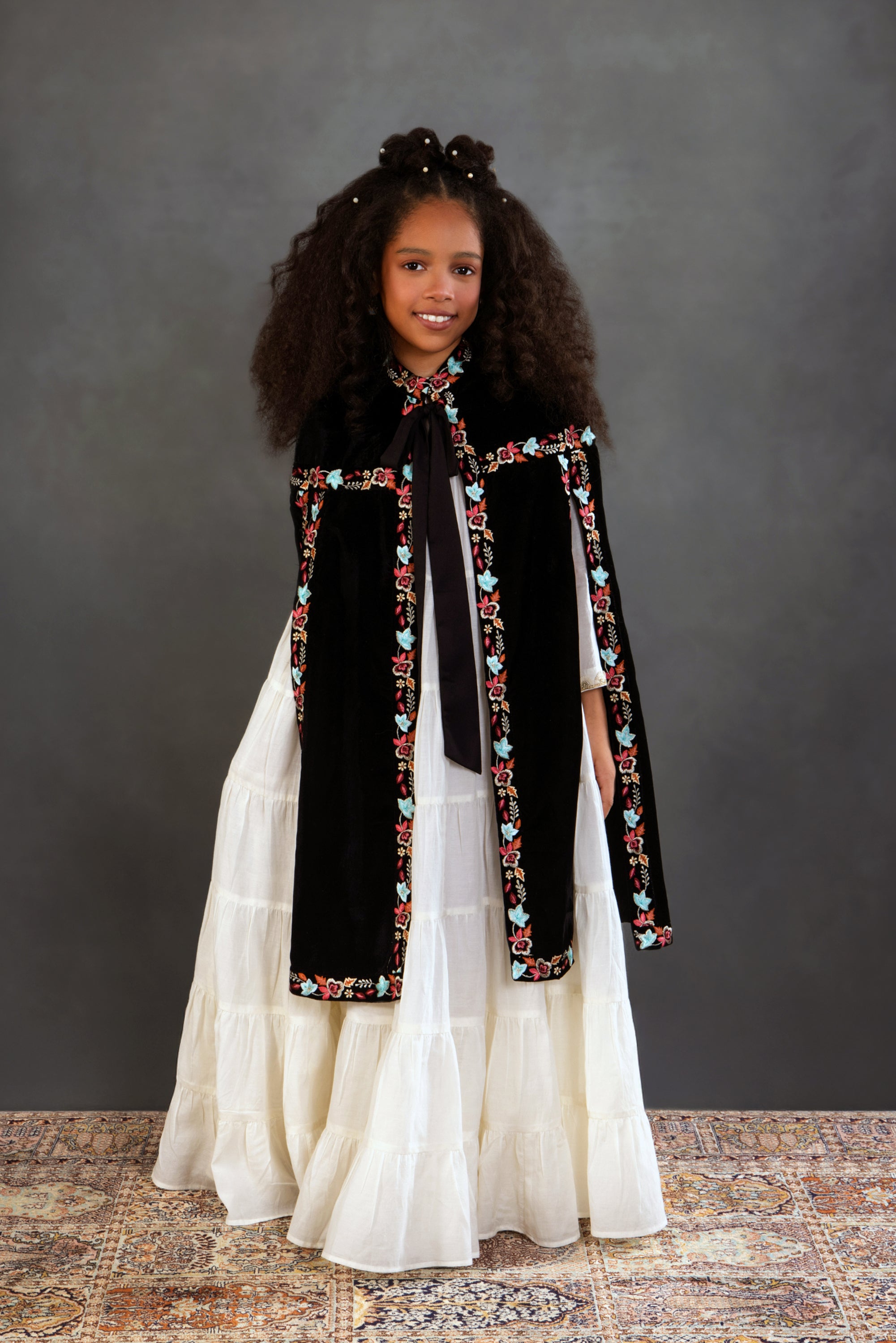 Black Floral Long Cape with Jalabiya