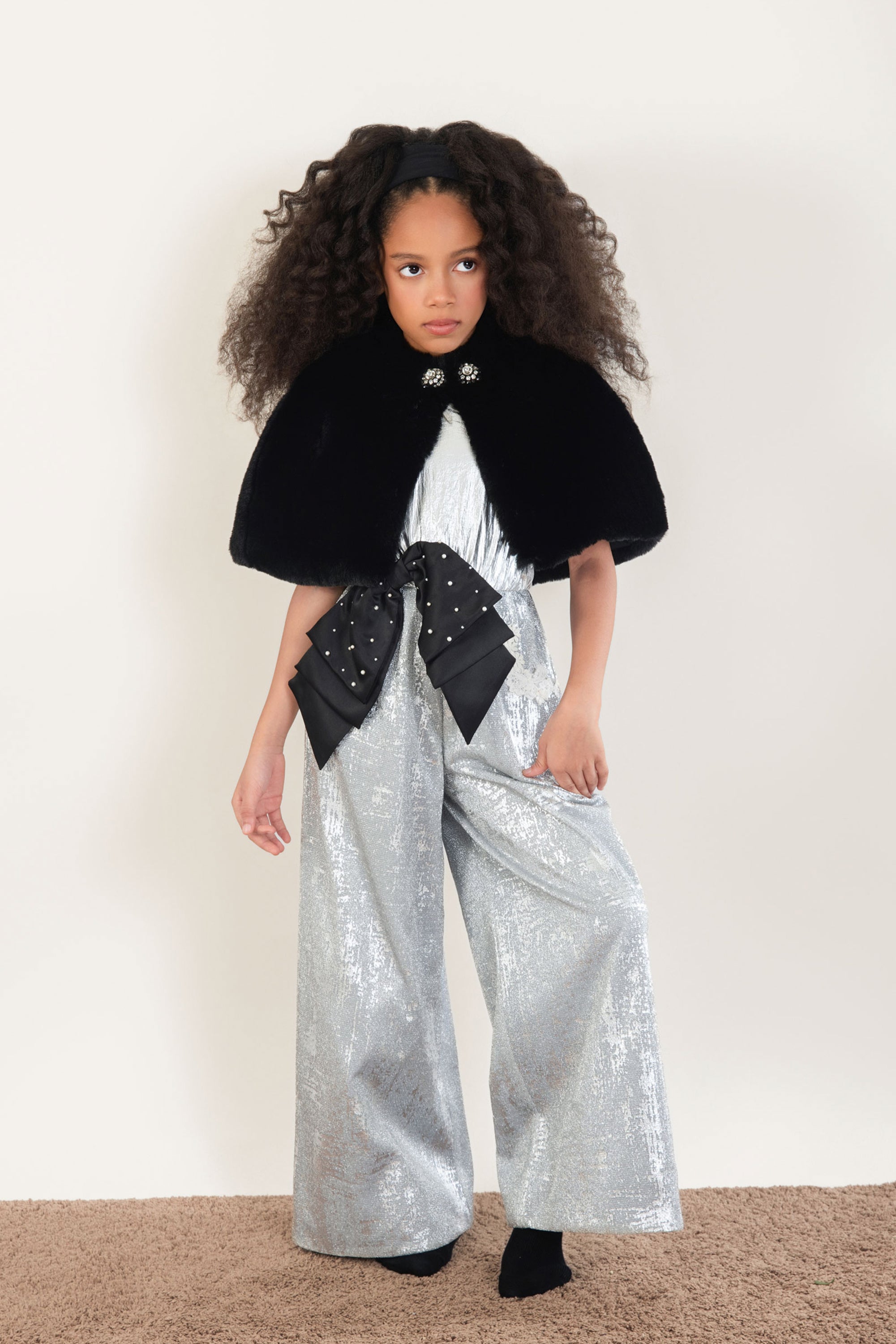 Black Fur Cape with Silver Mia Jumpsuit