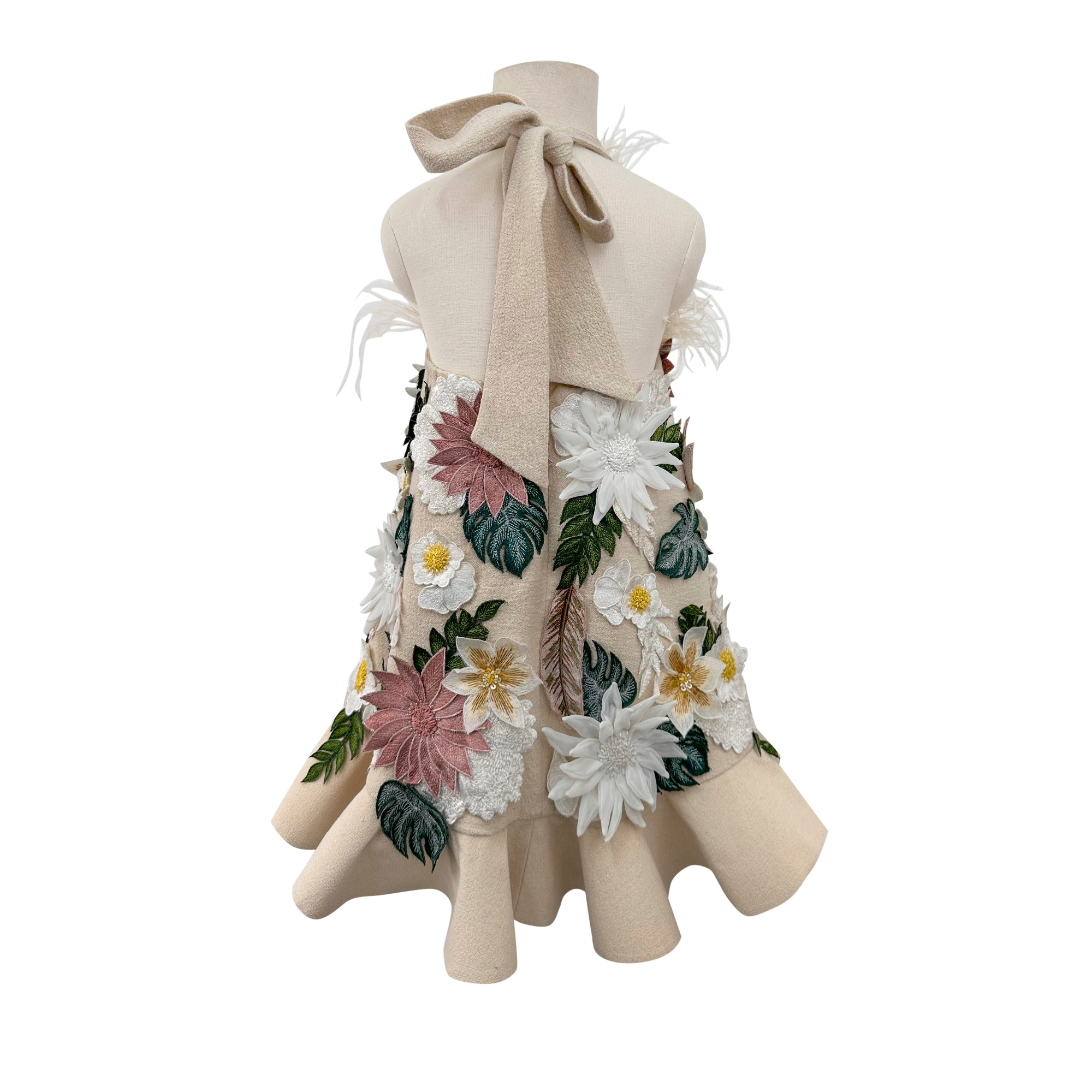 Floral Applique Dress with Detachable Feathers