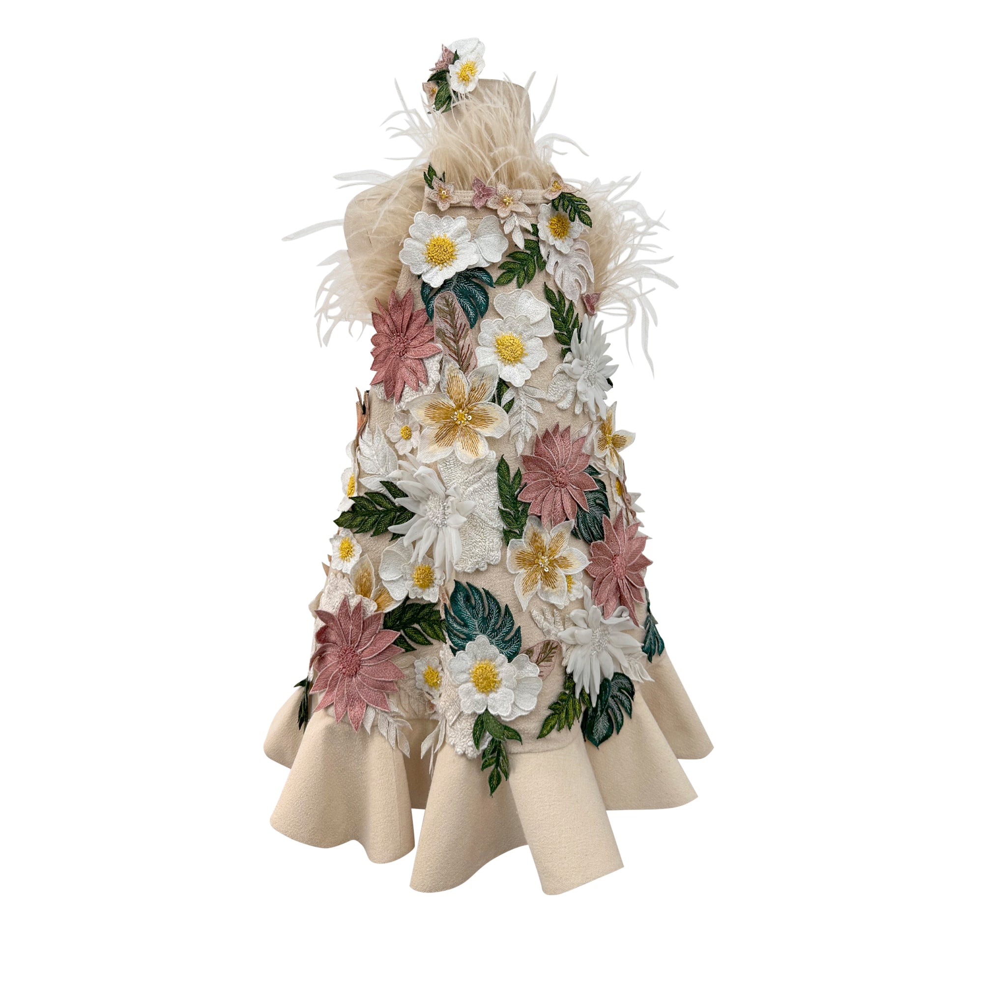 Floral Applique Dress with Detachable Feathers