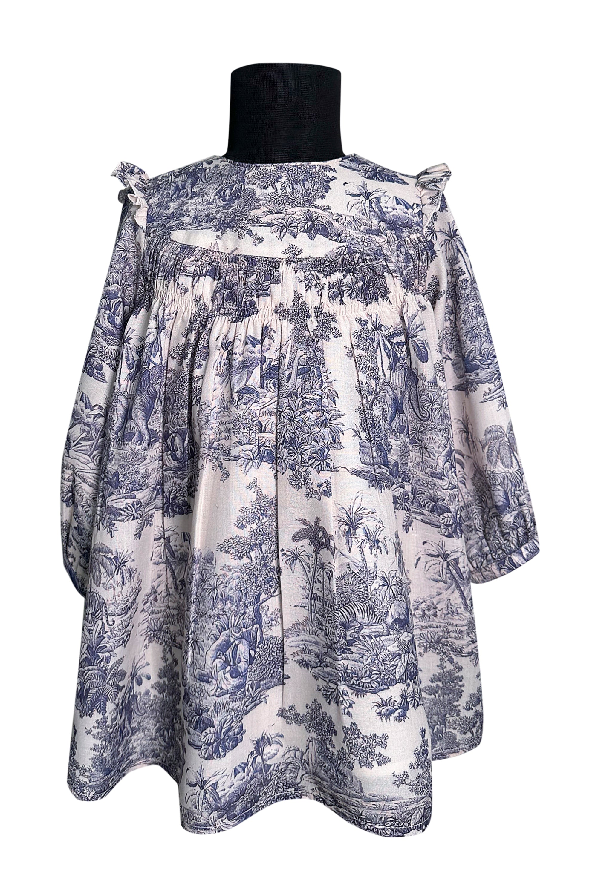 Blue and White Printed Full Sleeves Dress