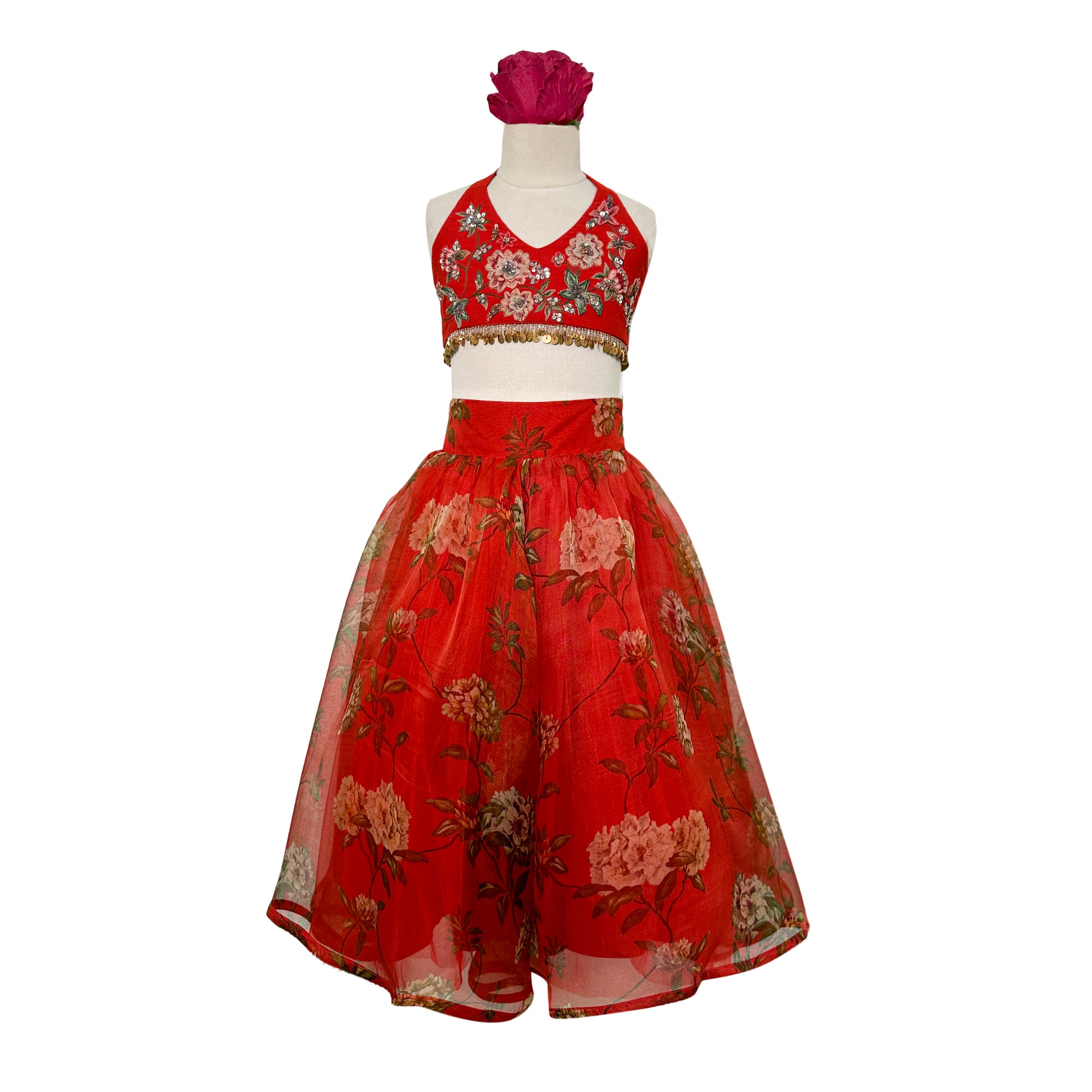 Printed Pure Organza Lehenga with Embellished Halter Blouse