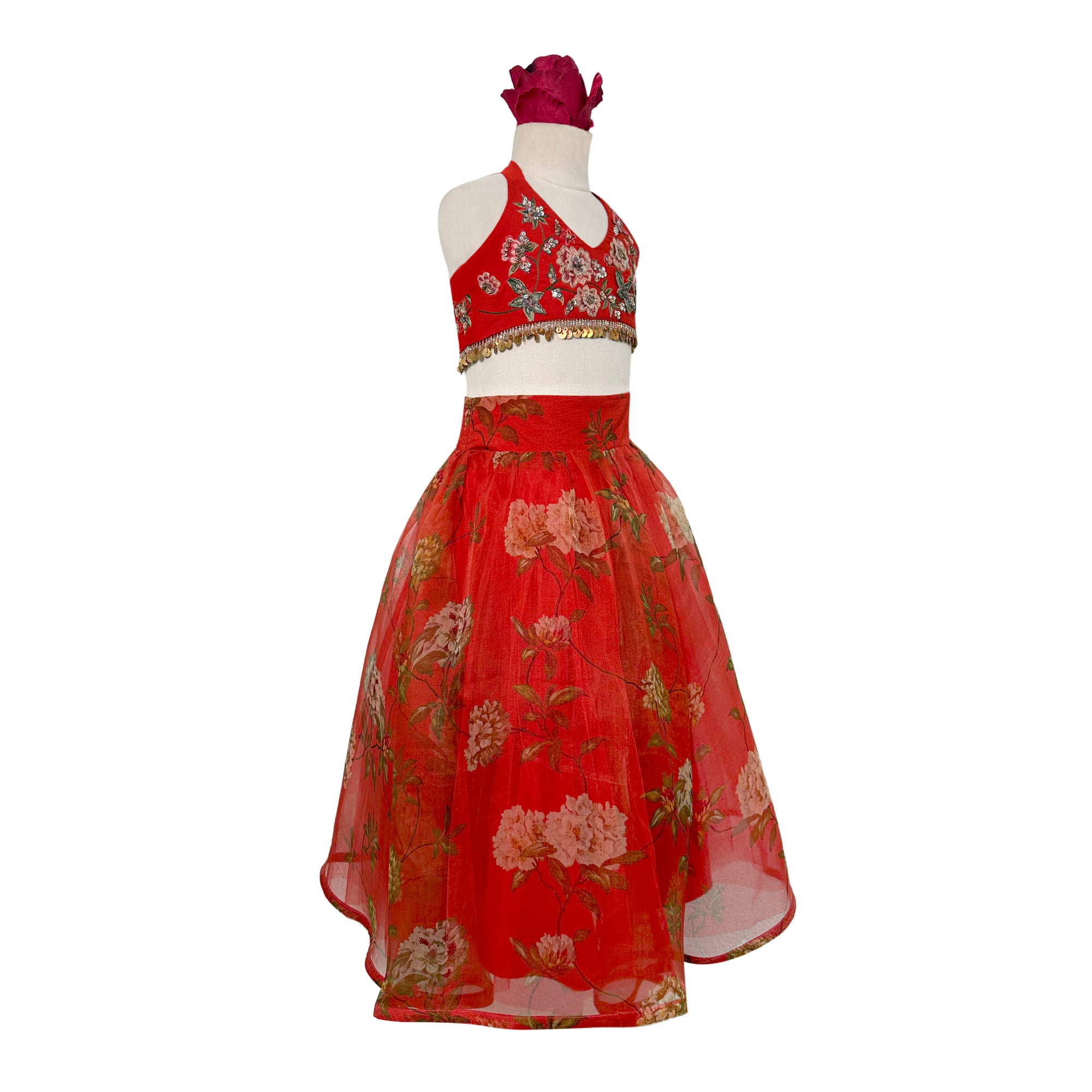 Printed Pure Organza Lehenga with Embellished Halter Blouse