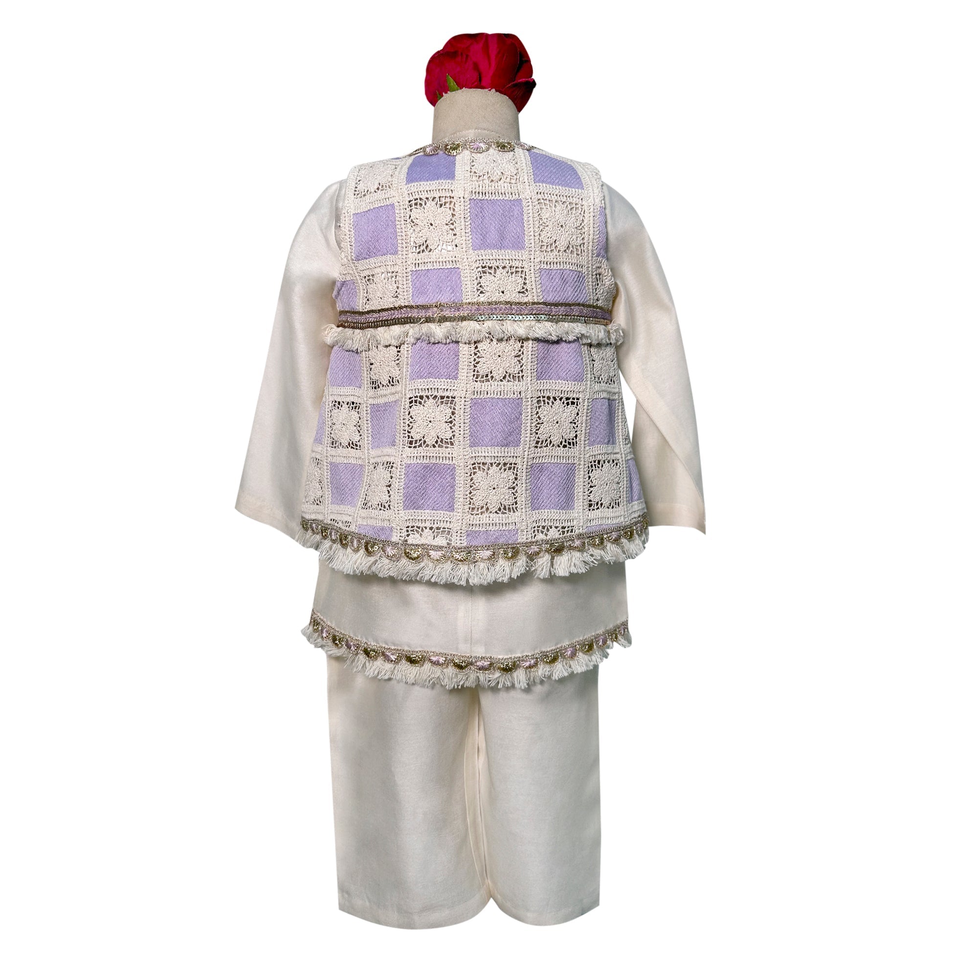 Chandheri Kurta Pajama with Crochet Sleeveless Jacket
