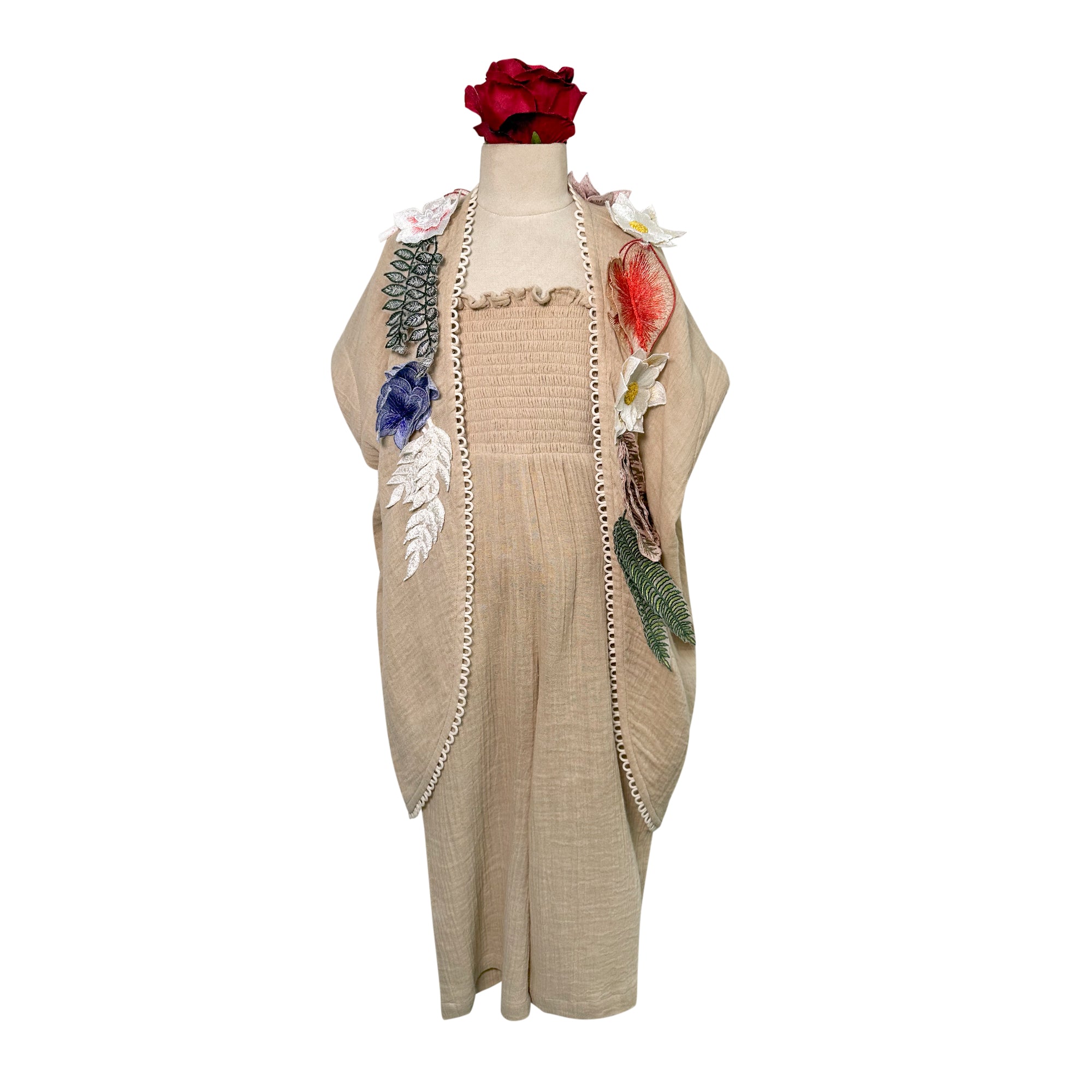 Cotton Jumpsuit with Floral Applique Cape