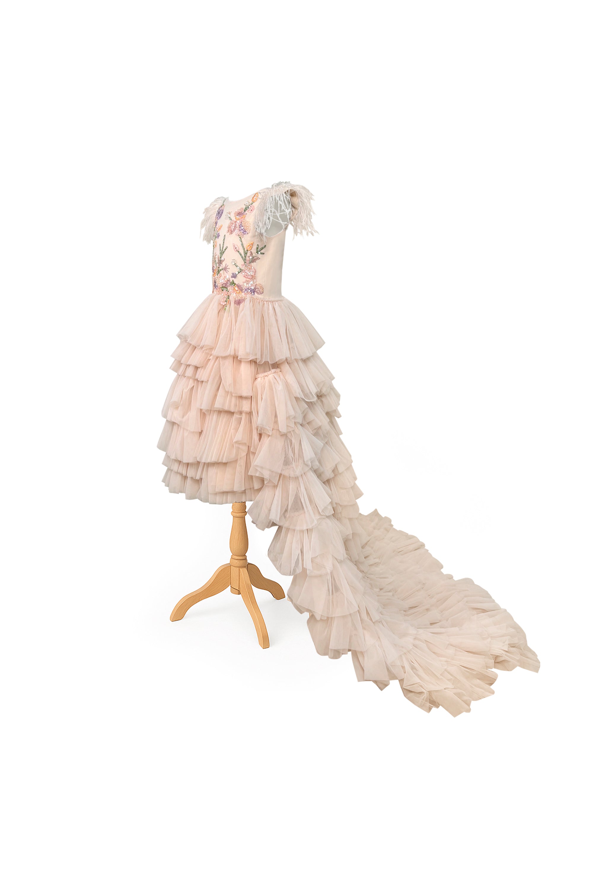 Mary Tulle Midi Dress with Trail (Coral Pink)