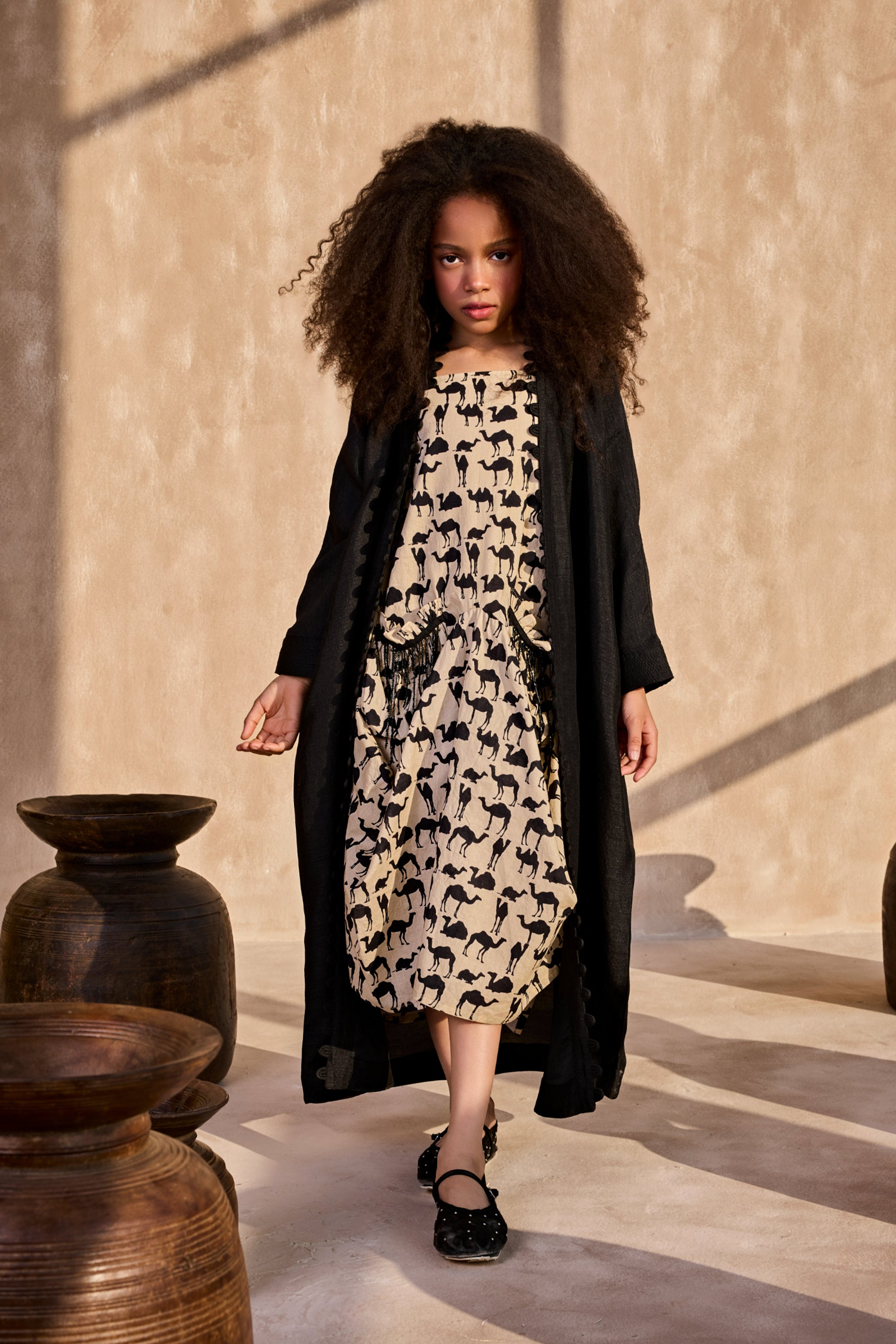 The Cai Printed Dress with Salena Black Cape