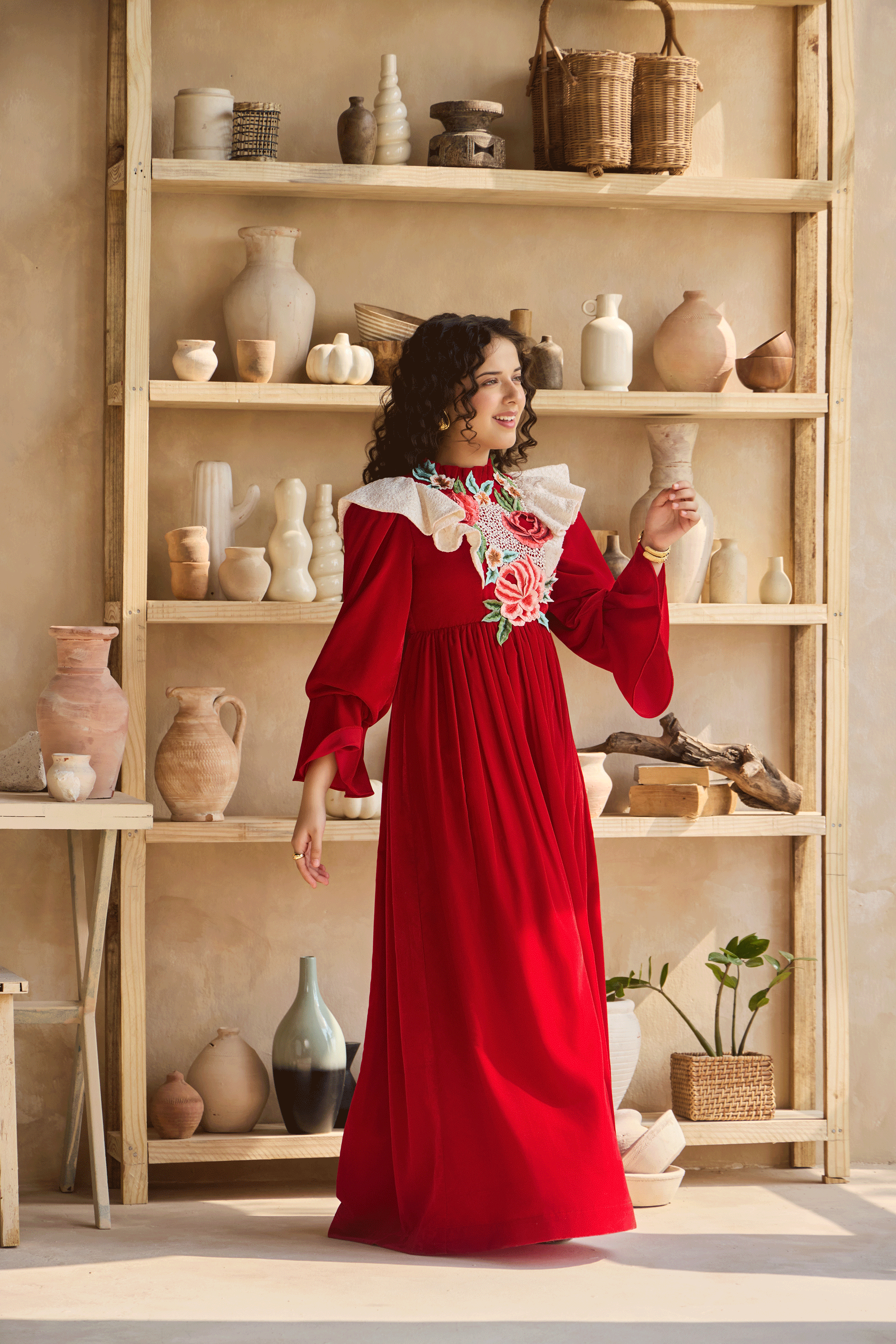 Narina Flower Red Velvet Dress