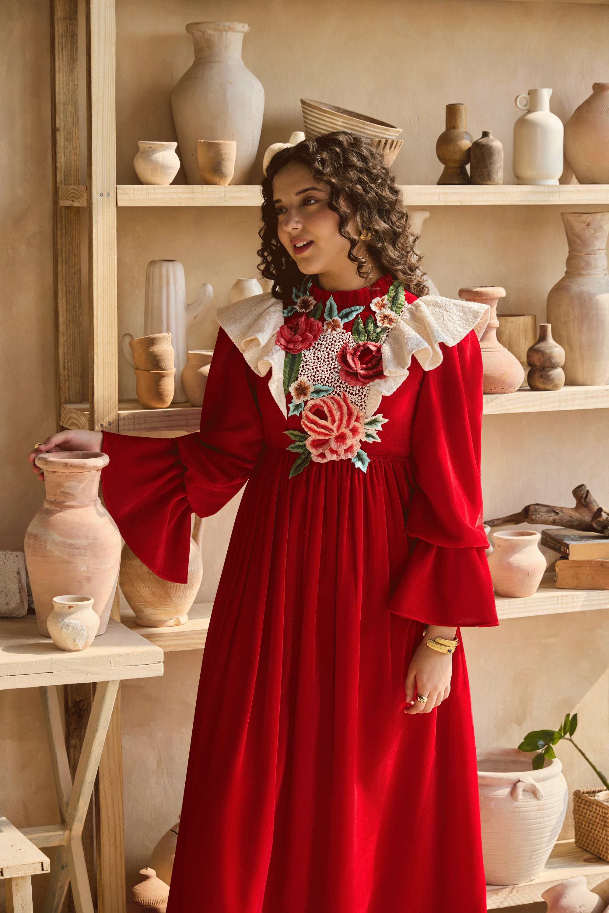 Narina Flower Red Velvet Dress