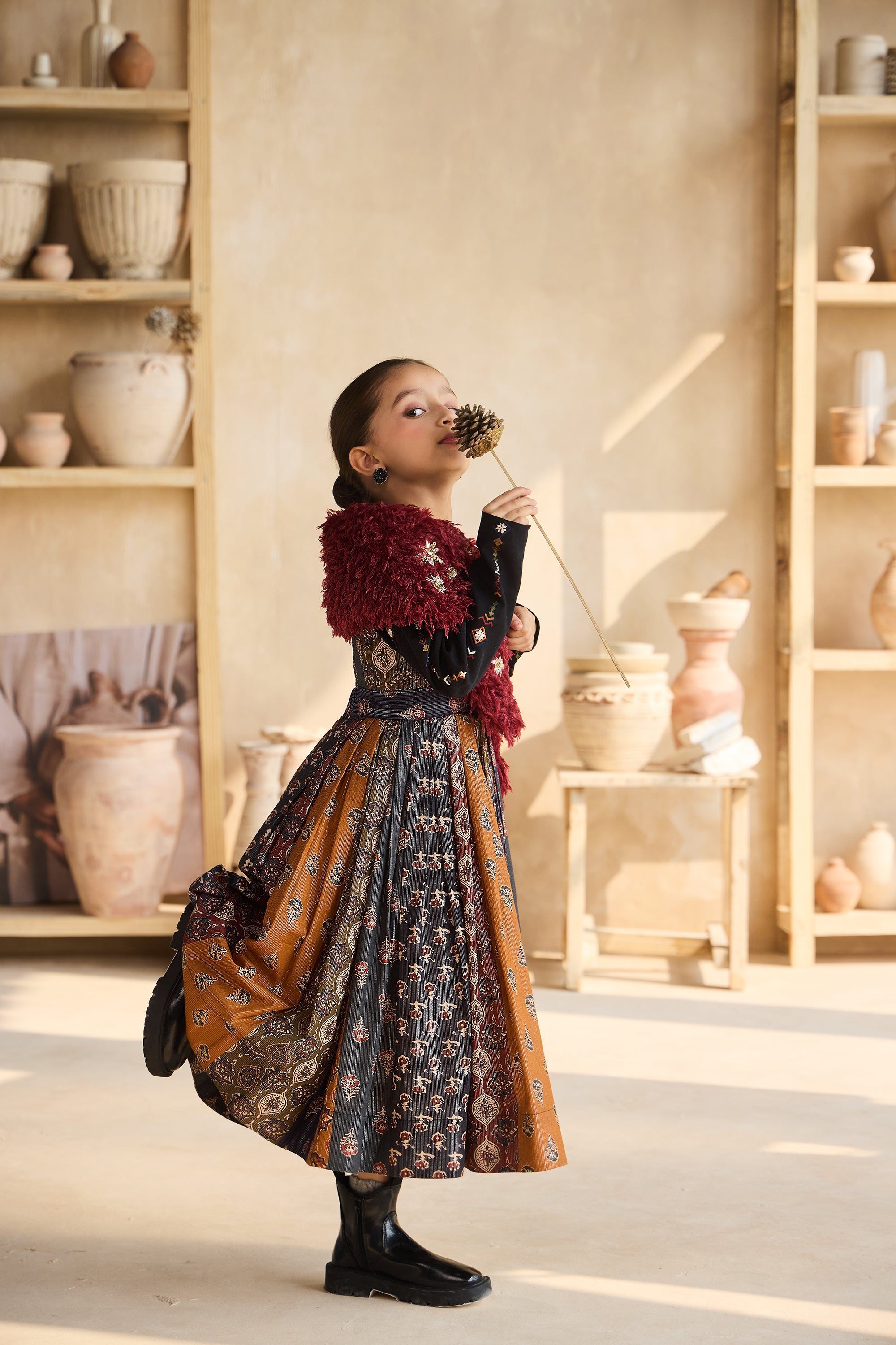 Nuresa Dress & Esti Embroidered Blouse with Berry Fluff Scarf (Set of 3)