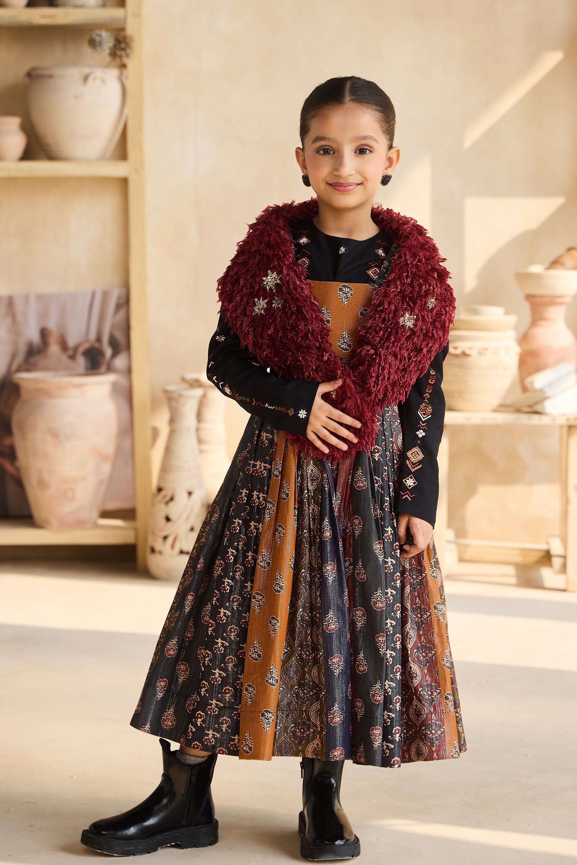Nuresa Dress & Esti Embroidered Blouse with Berry Fluff Scarf (Set of 3)