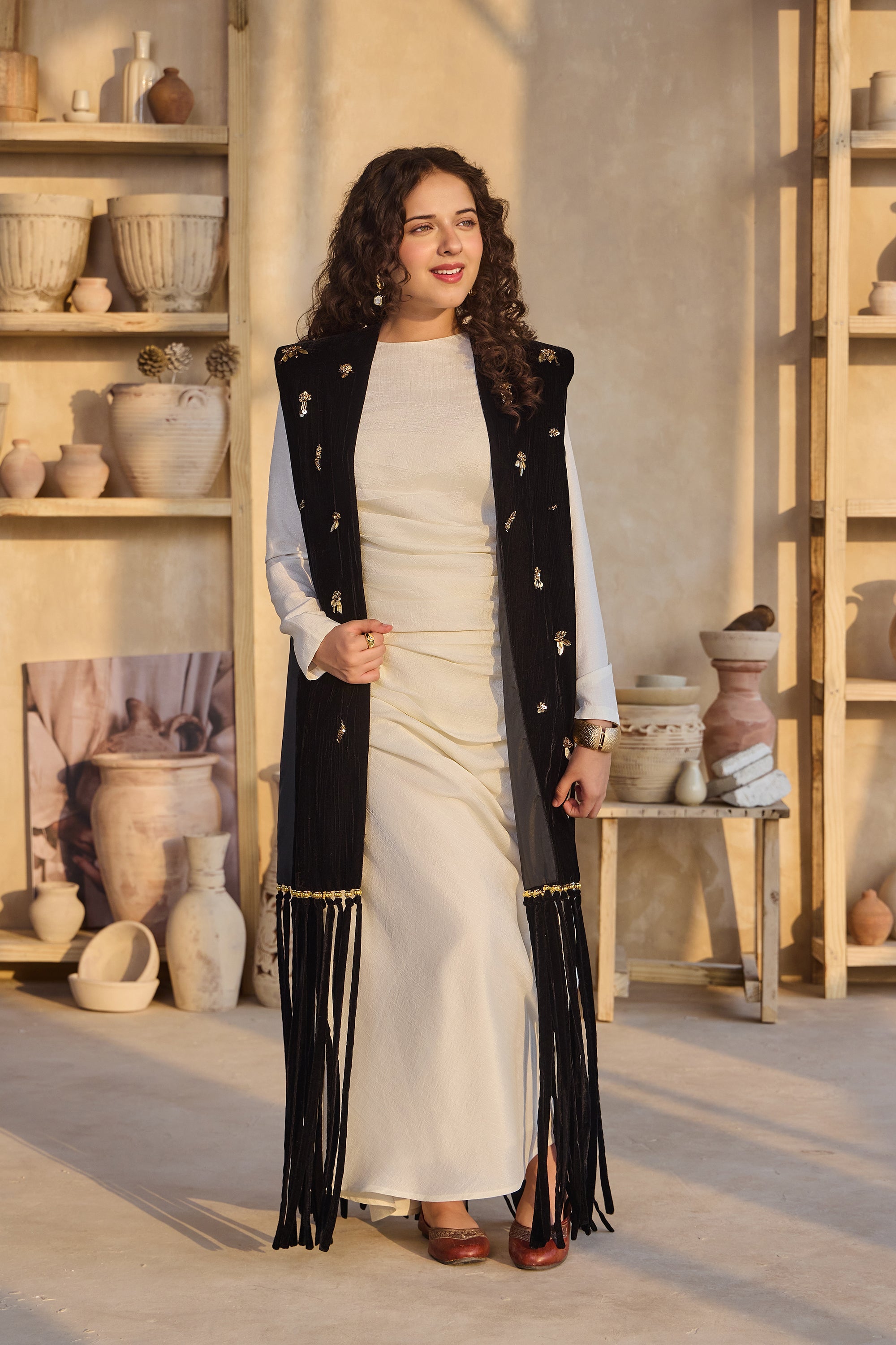 Alaida Black Fringe Cape with Ziva Off White Drape Dress (Set of 2)