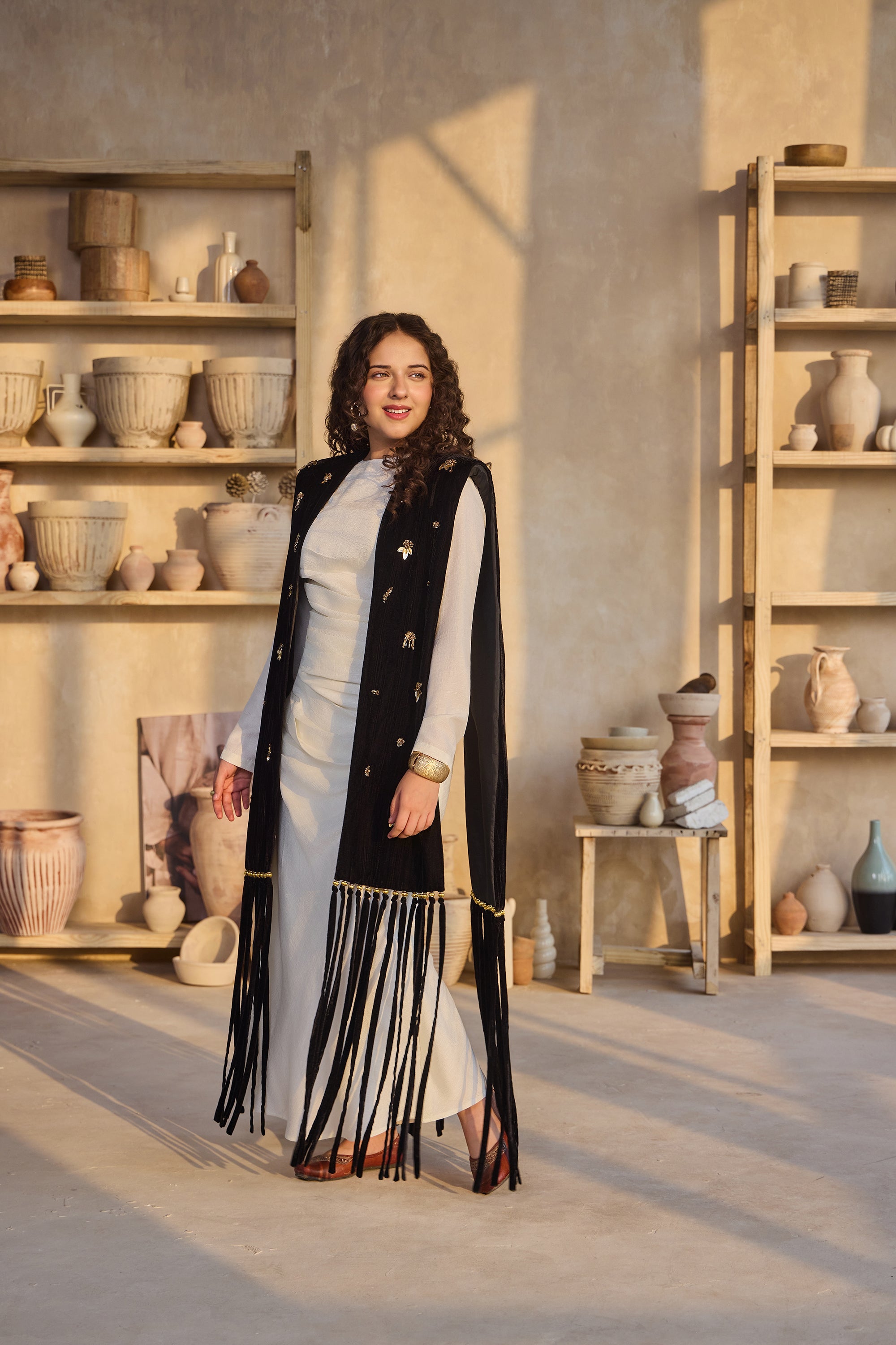 Alaida Black Fringe Cape with Ziva Off White Drape Dress (Set of 2)