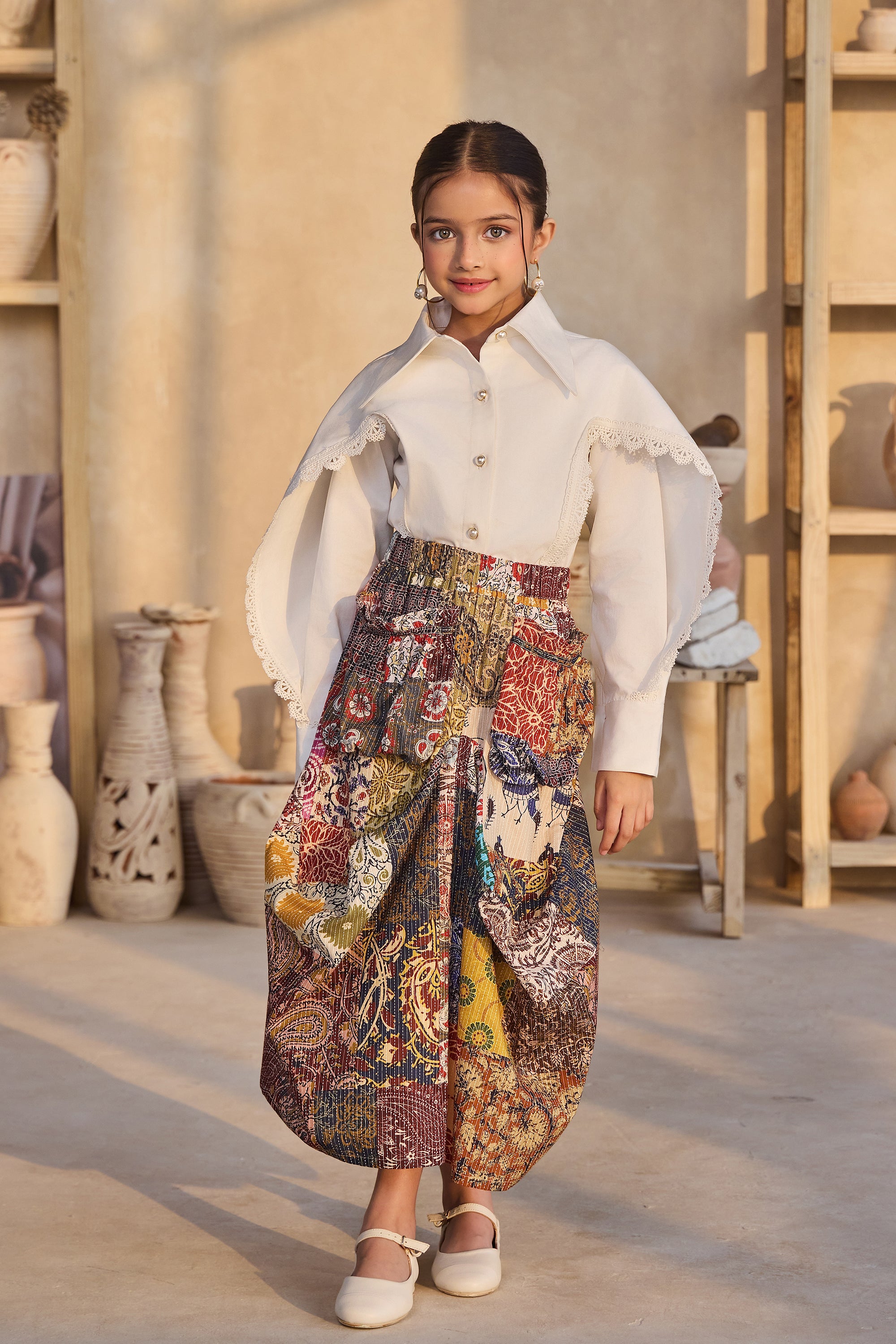 Inaya Lace Shirt with Mosaic Dhoti Skirt (Set of 2)