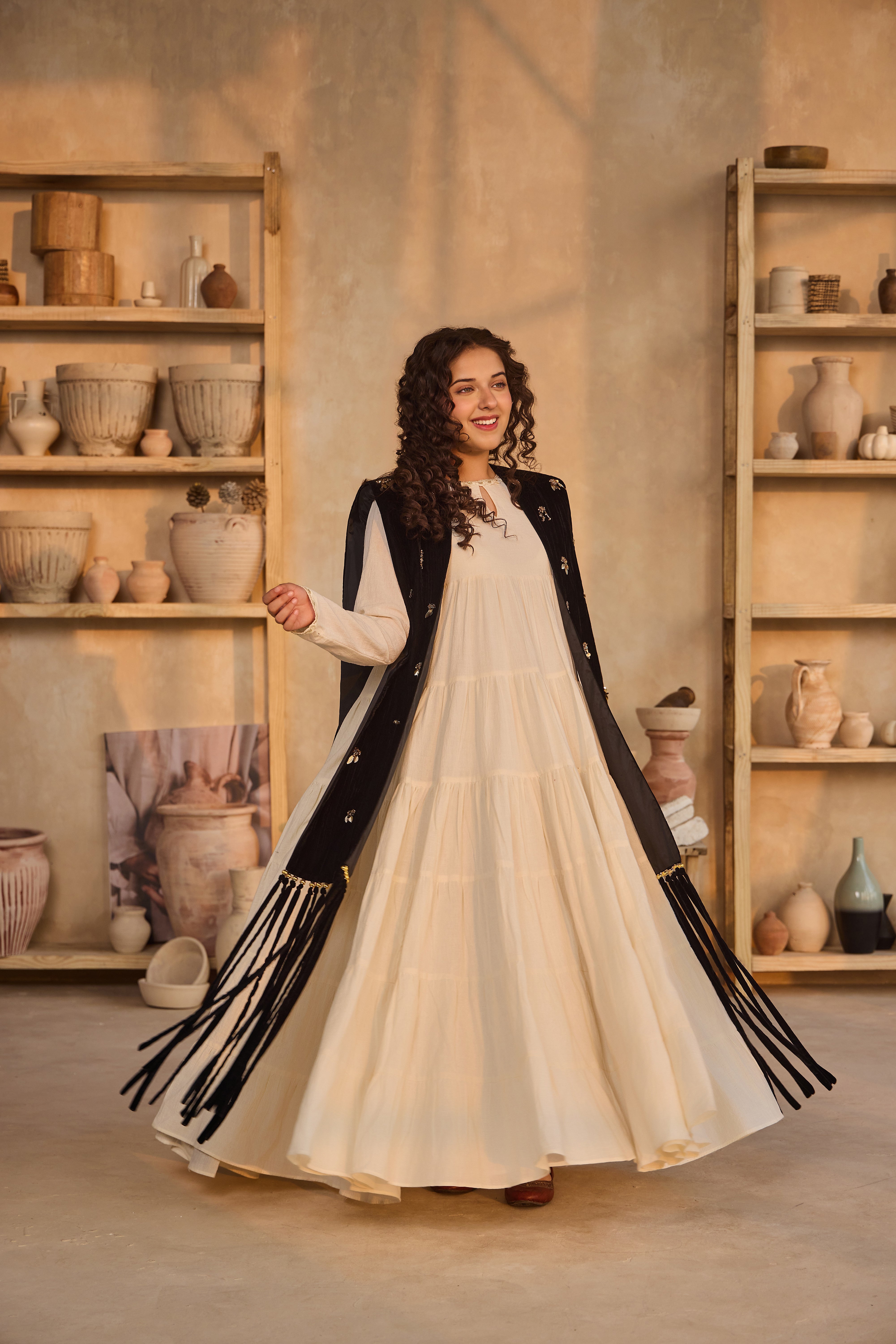 Alaida Black Fringe Cape with Cia Full Sleeves Jalabiya (Set of 2)