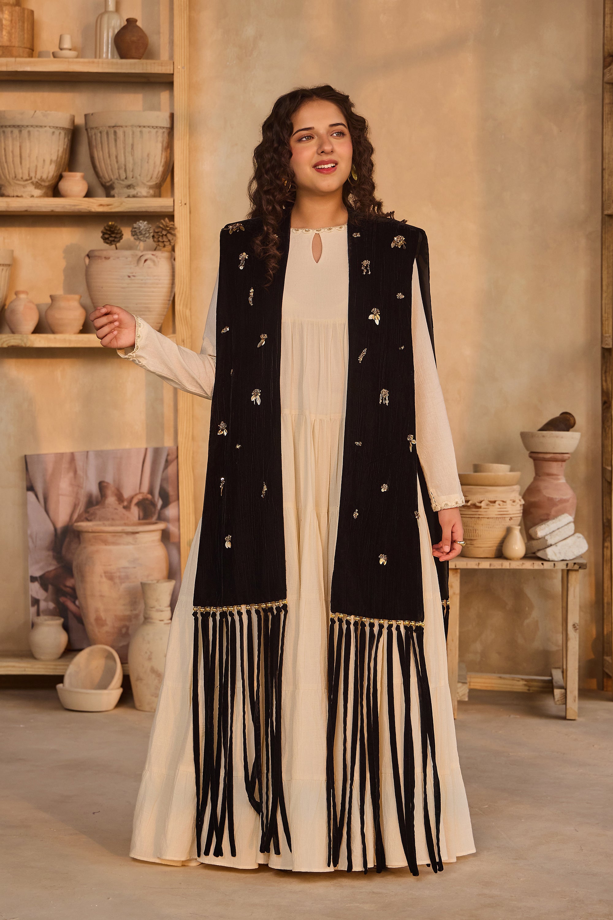 Alaida Black Fringe Cape with Cia Full Sleeves Jalabiya (Set of 2)