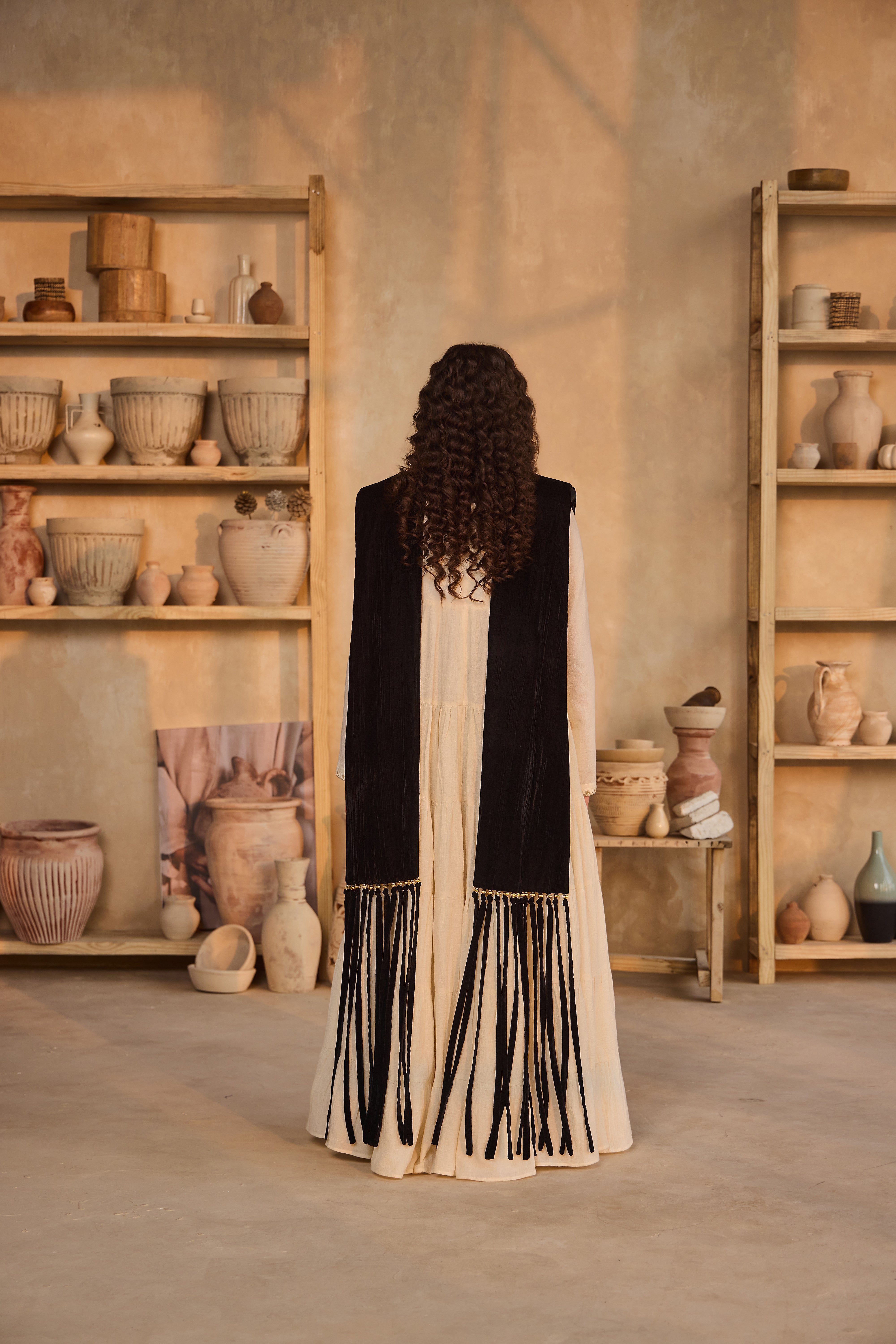 Alaida Black Fringe Cape with Cia Full Sleeves Jalabiya (Set of 2)