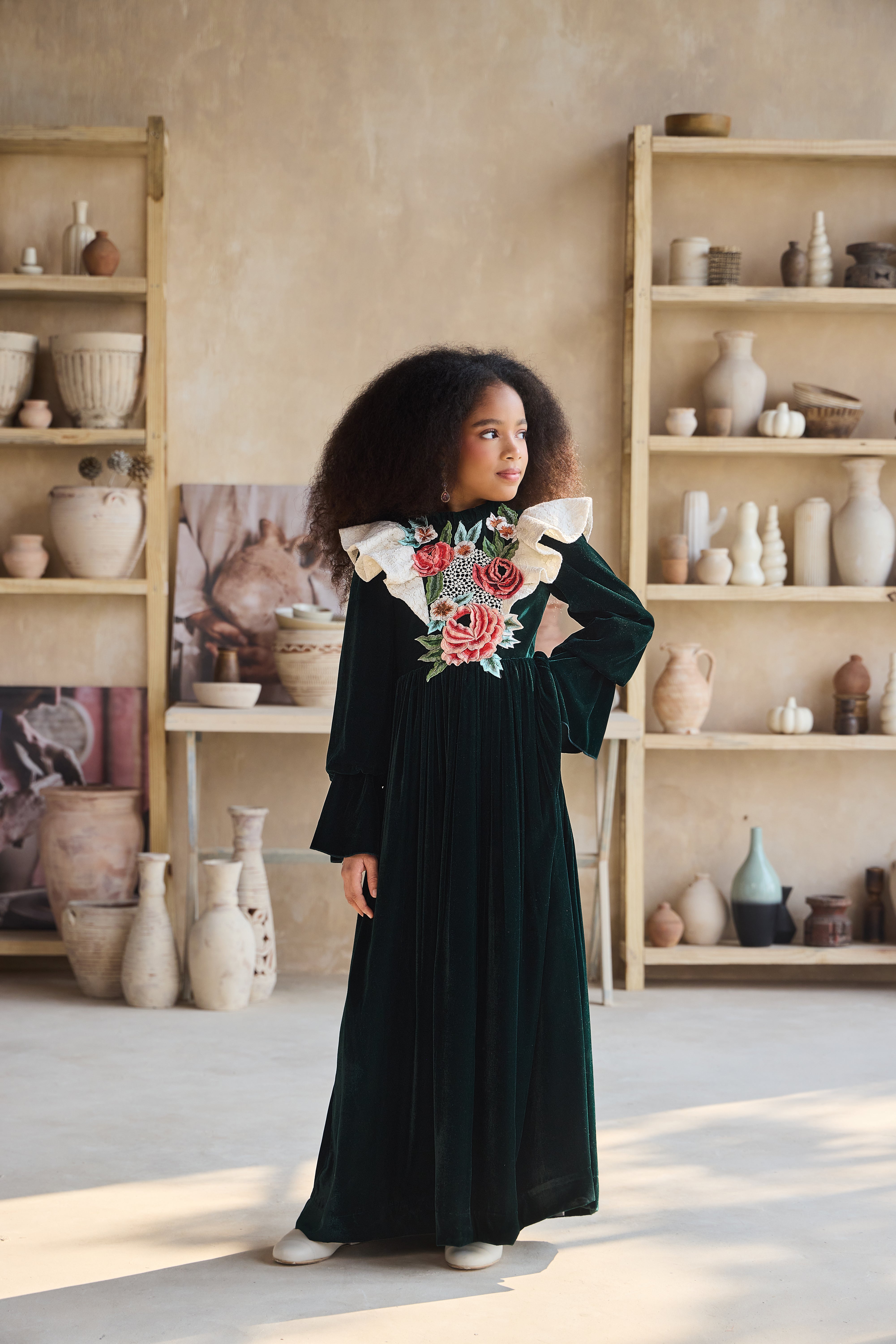 Narina Flower Green Velvet Dress