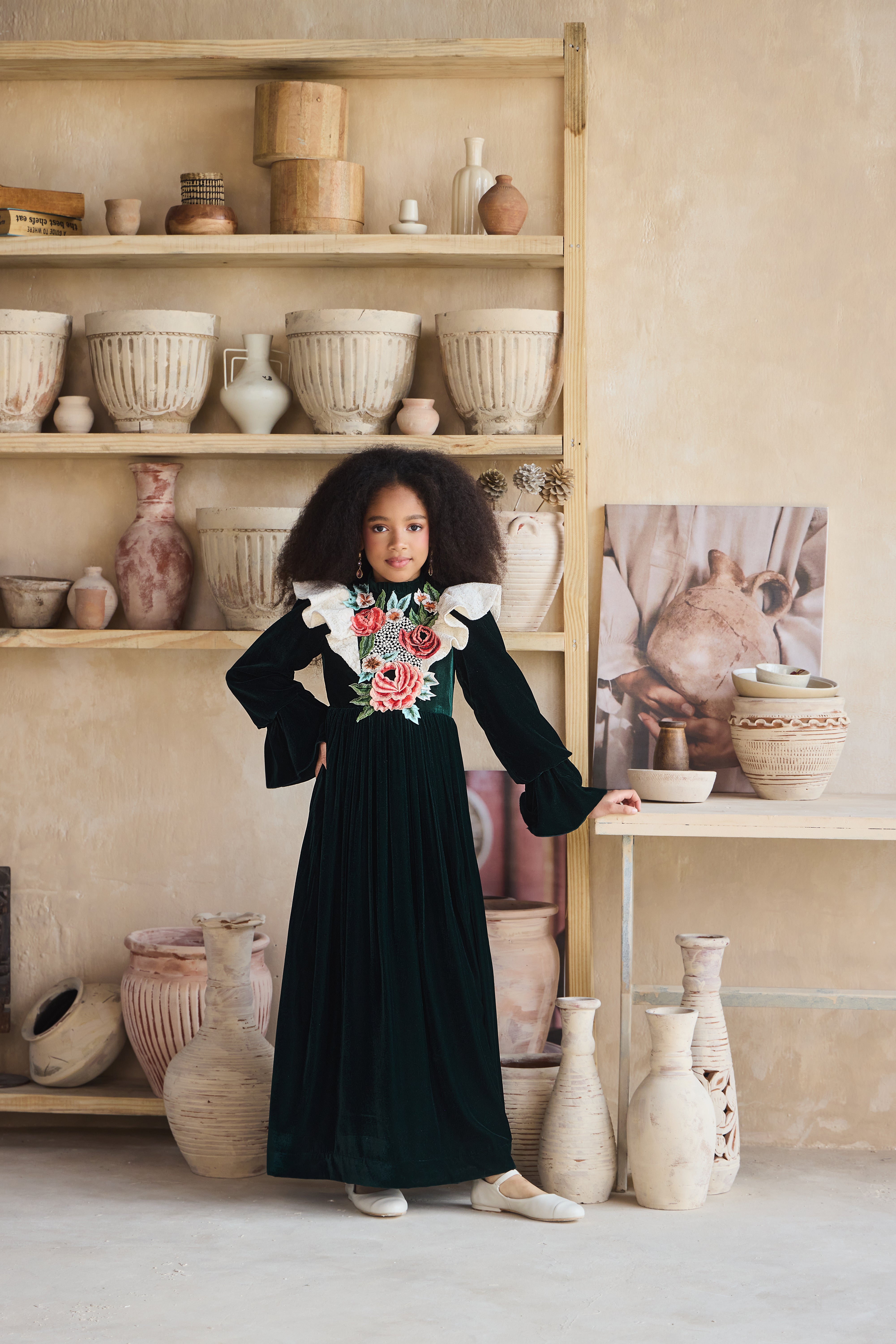 Narina Flower Green Velvet Dress