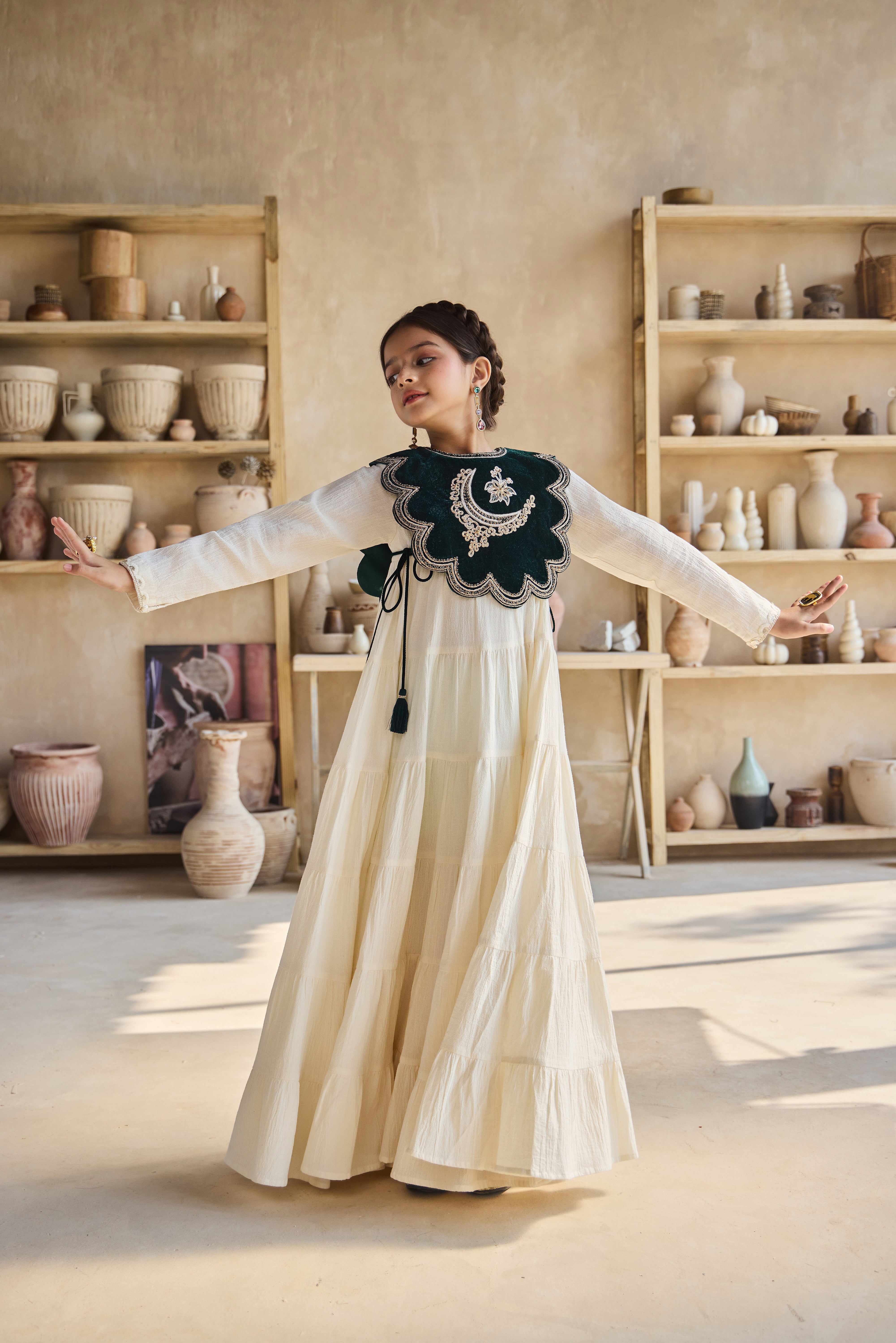 Emerina Dark Green Cape with Cia Full Sleeves Jalabiya (Set of 2)