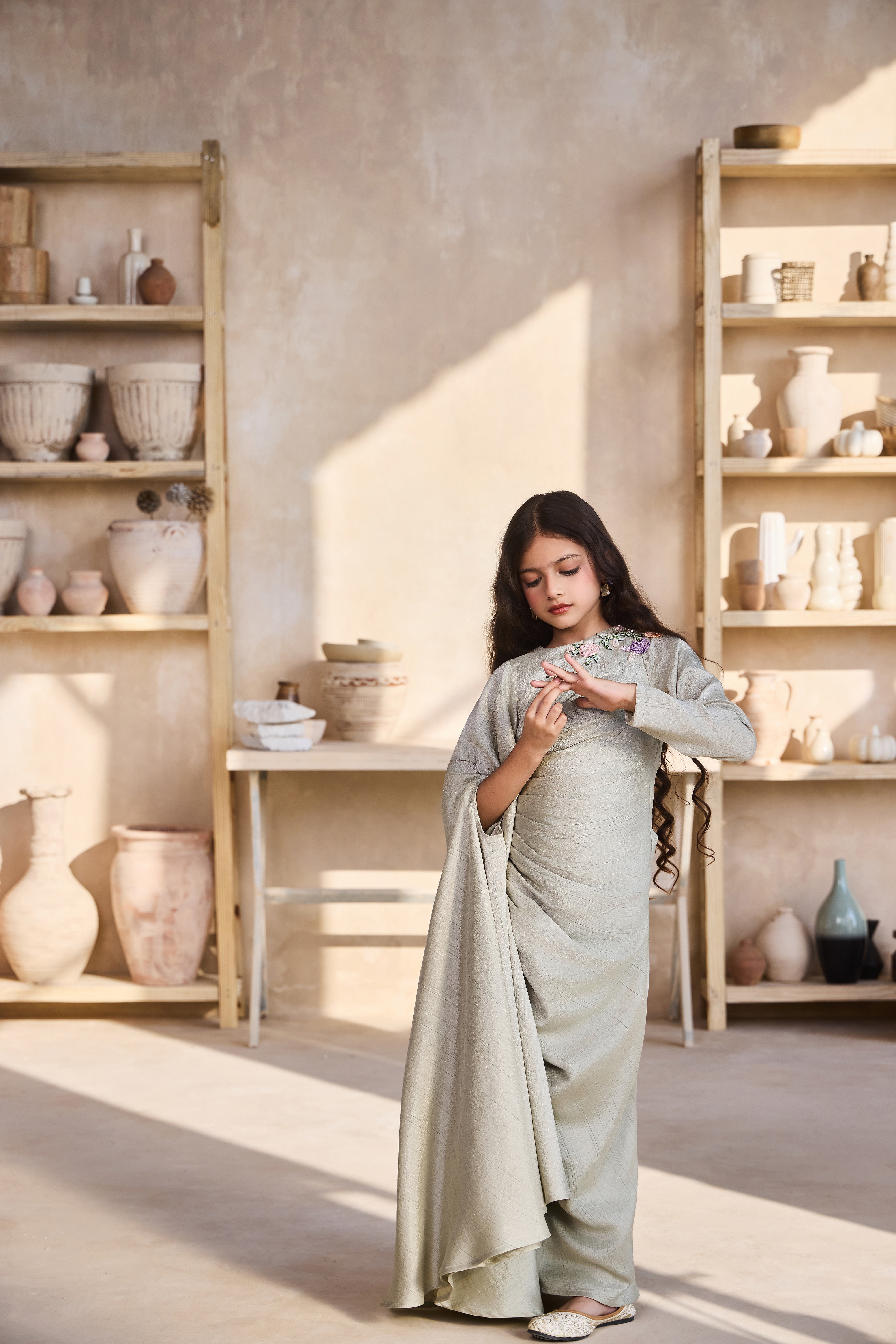 Ferish Drape Pista Green Dress