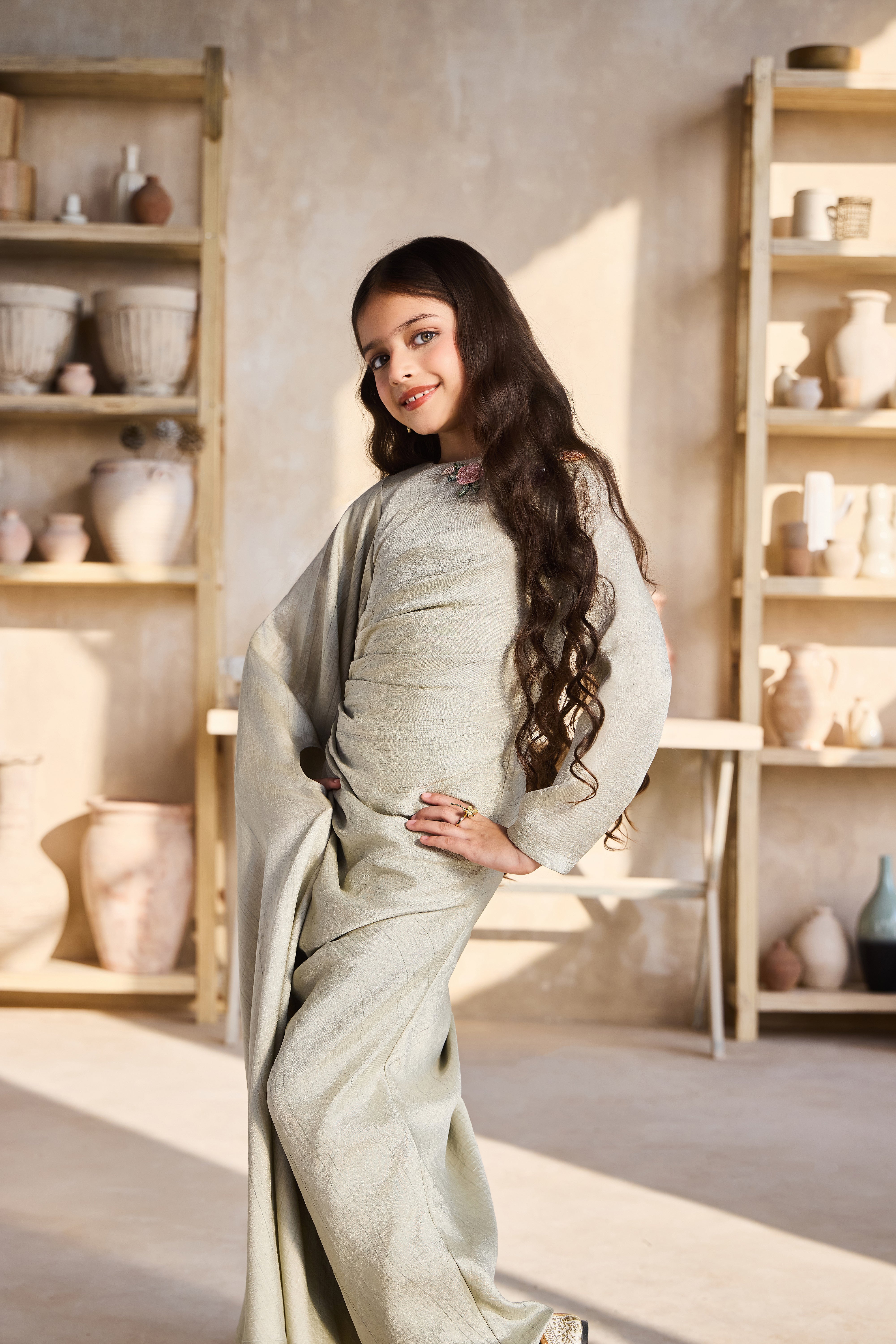 Ferish Drape Pista Green Dress