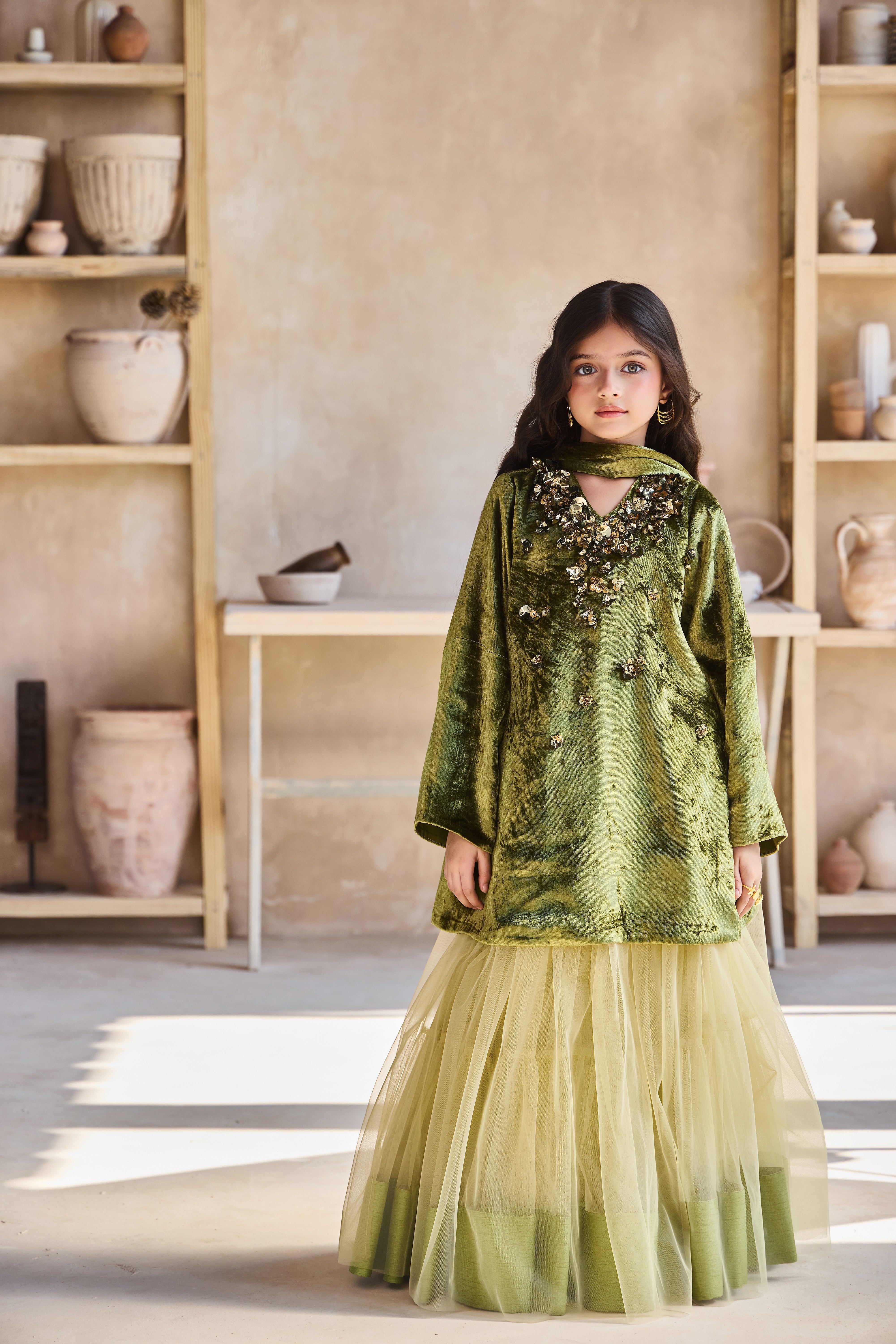 Iyana Olive Green Set with Scarf (Set of 3)