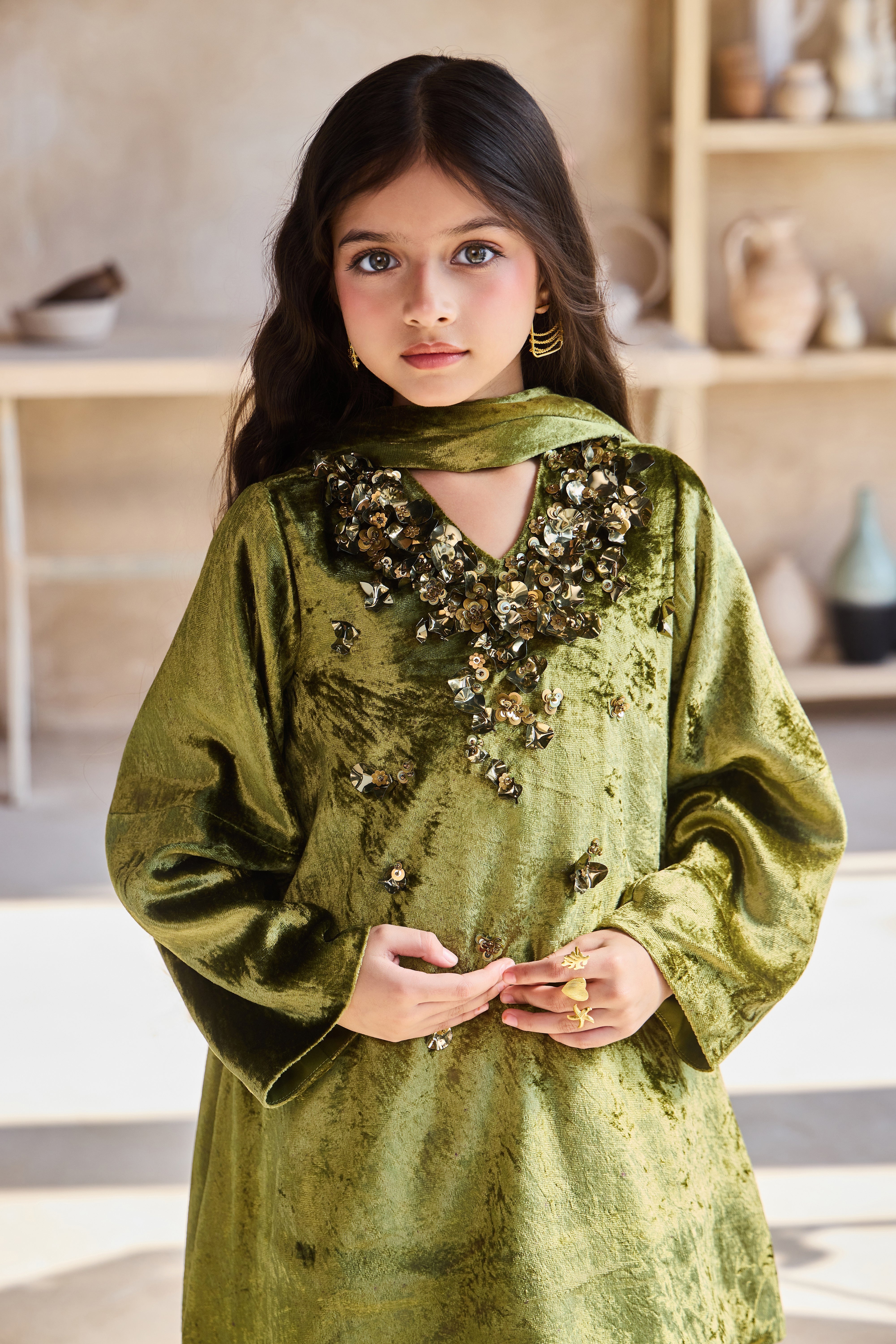 Iyana Olive Green Set with Scarf (Set of 3)