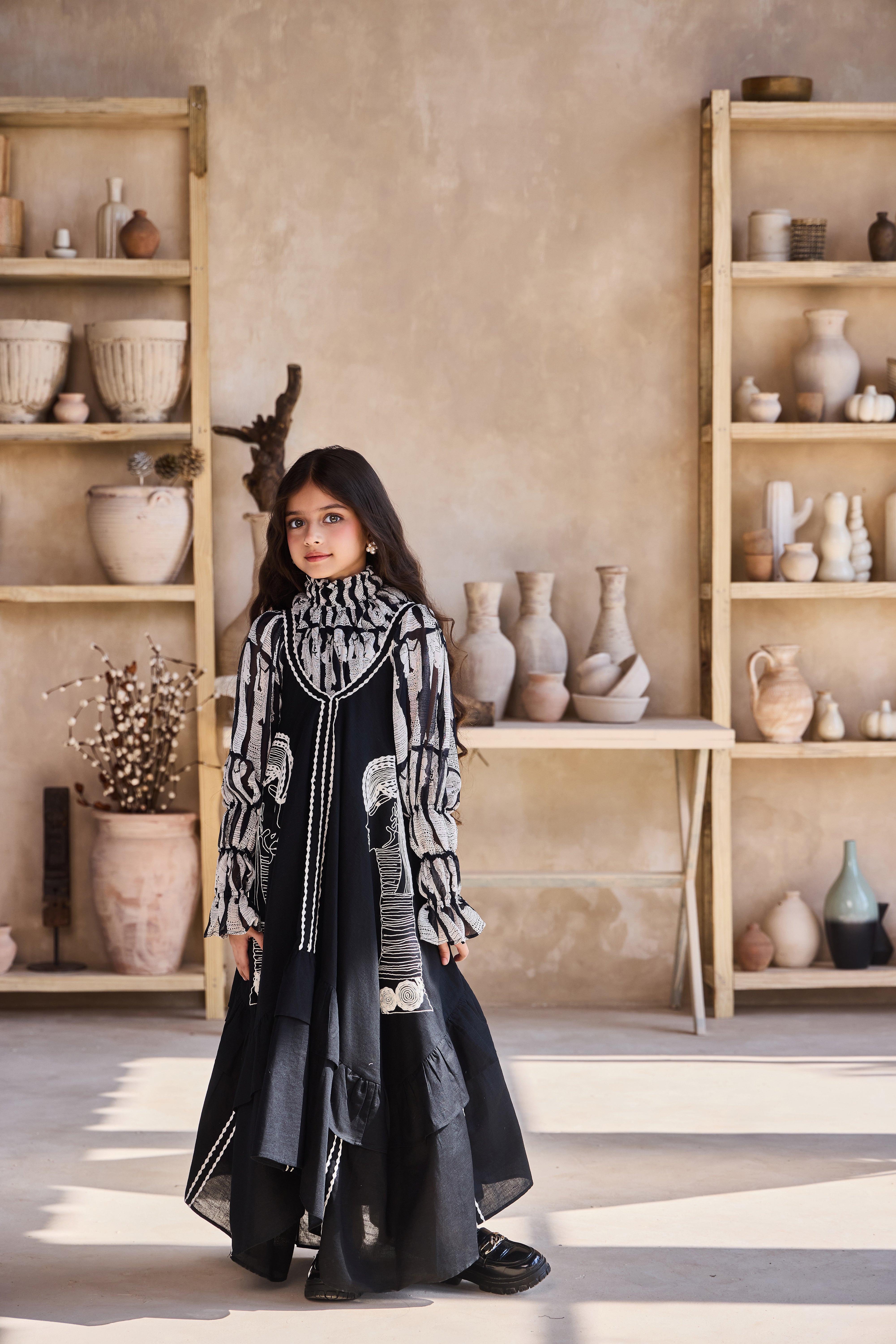 Tribal Printed Top with Black Linen Dress (Set of 2)