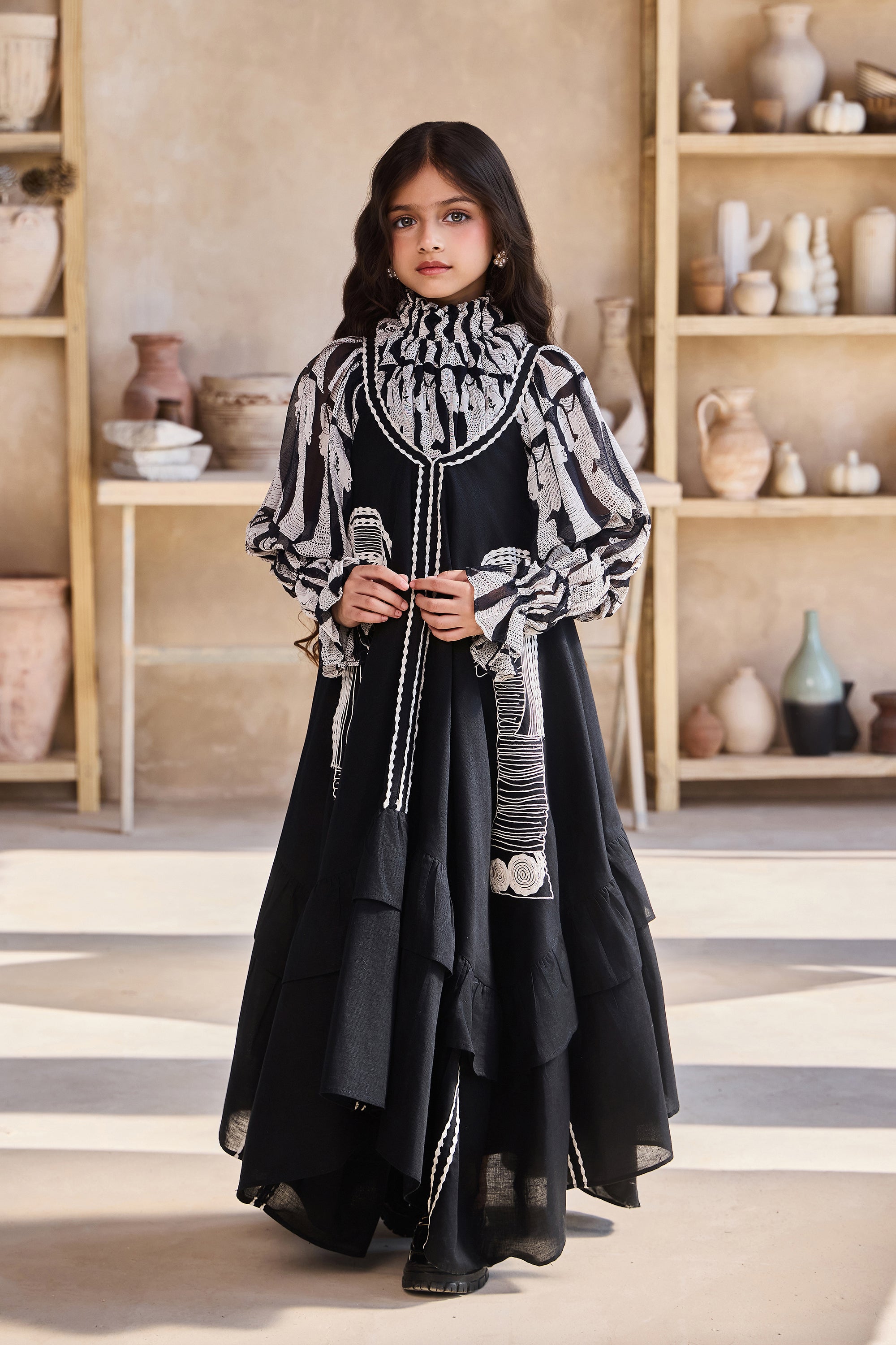 Tribal Printed Top with Black Linen Dress (Set of 2)