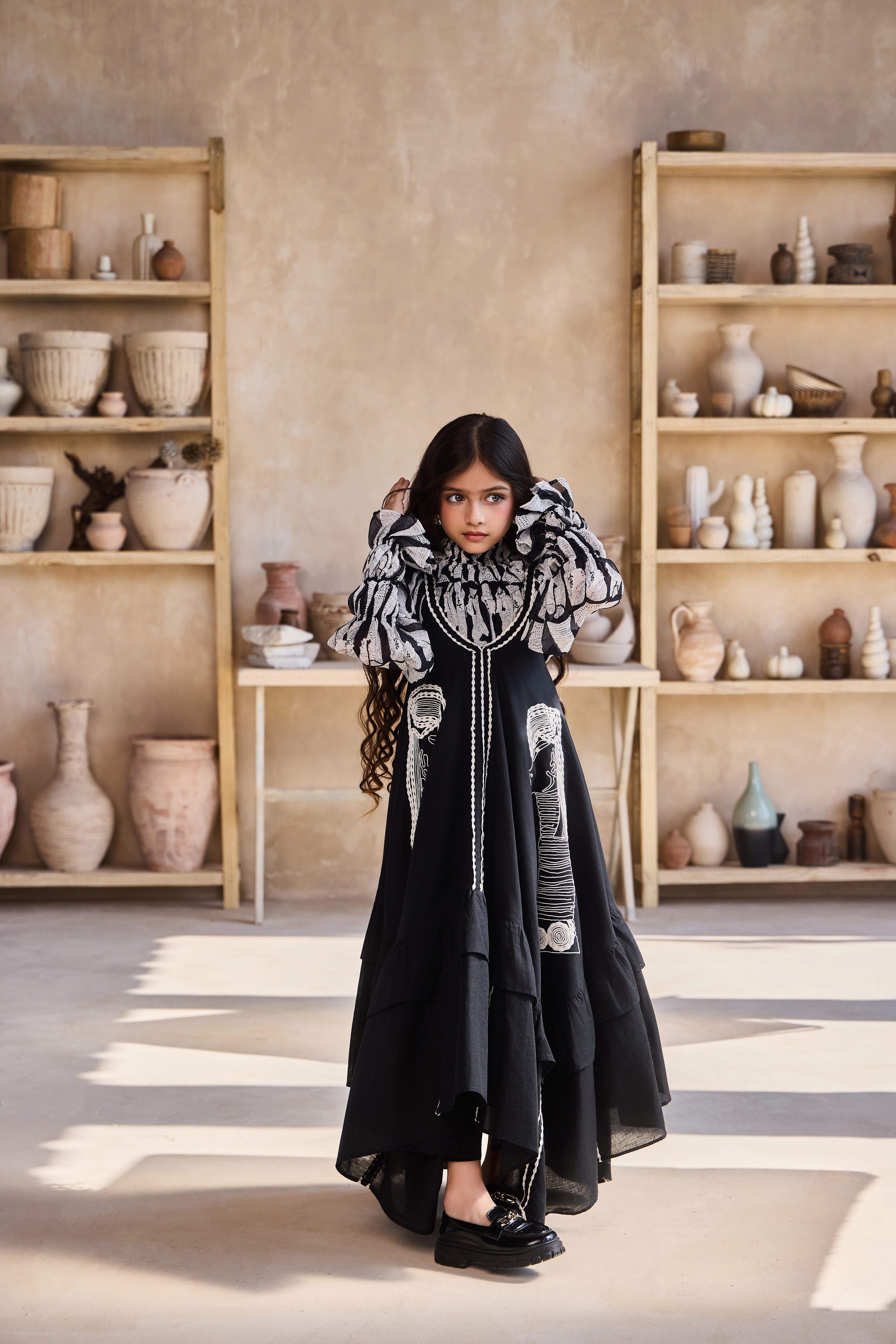 Tribal Printed Top with Black Linen Dress (Set of 2)