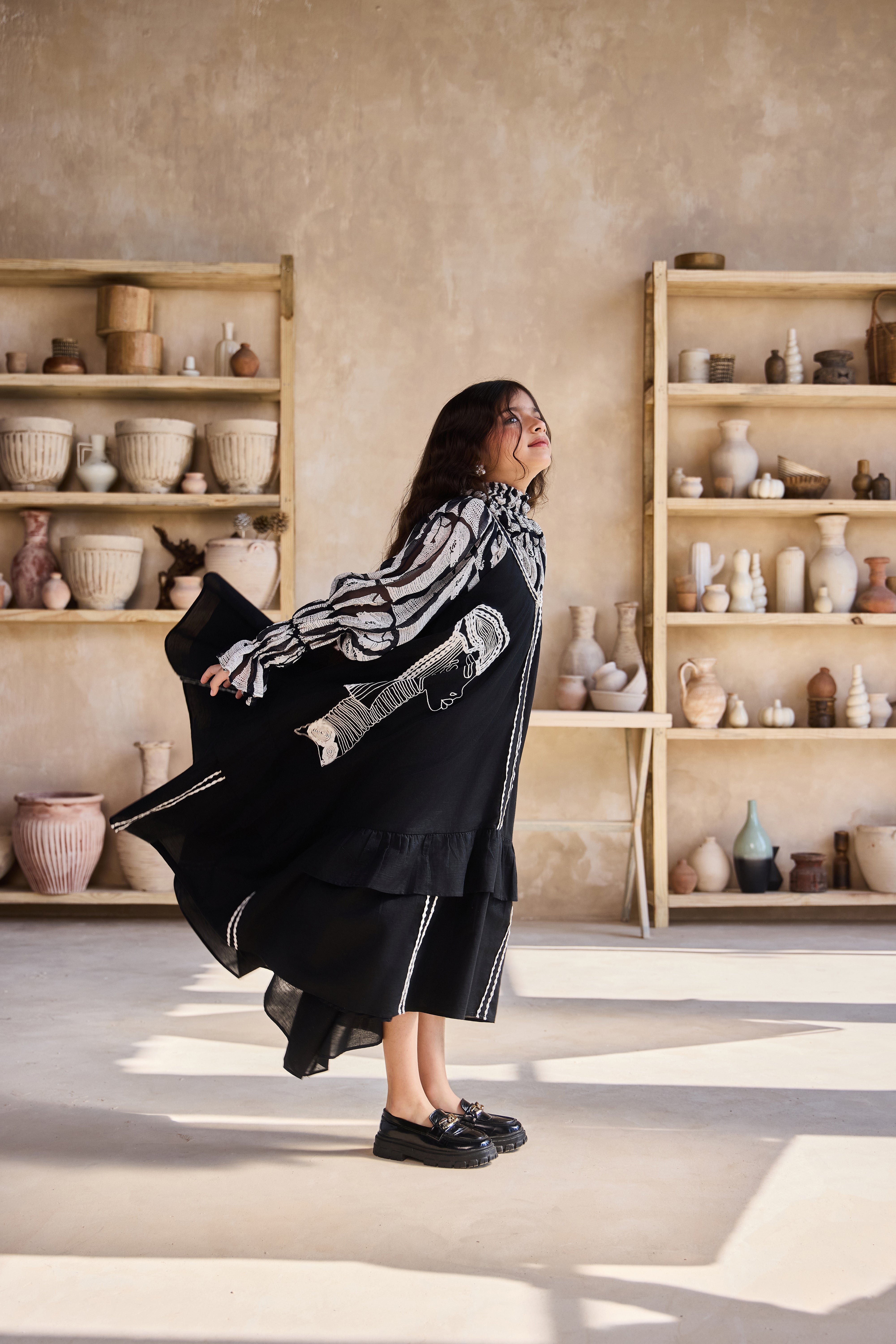 Tribal Printed Top with Black Linen Dress (Set of 2)