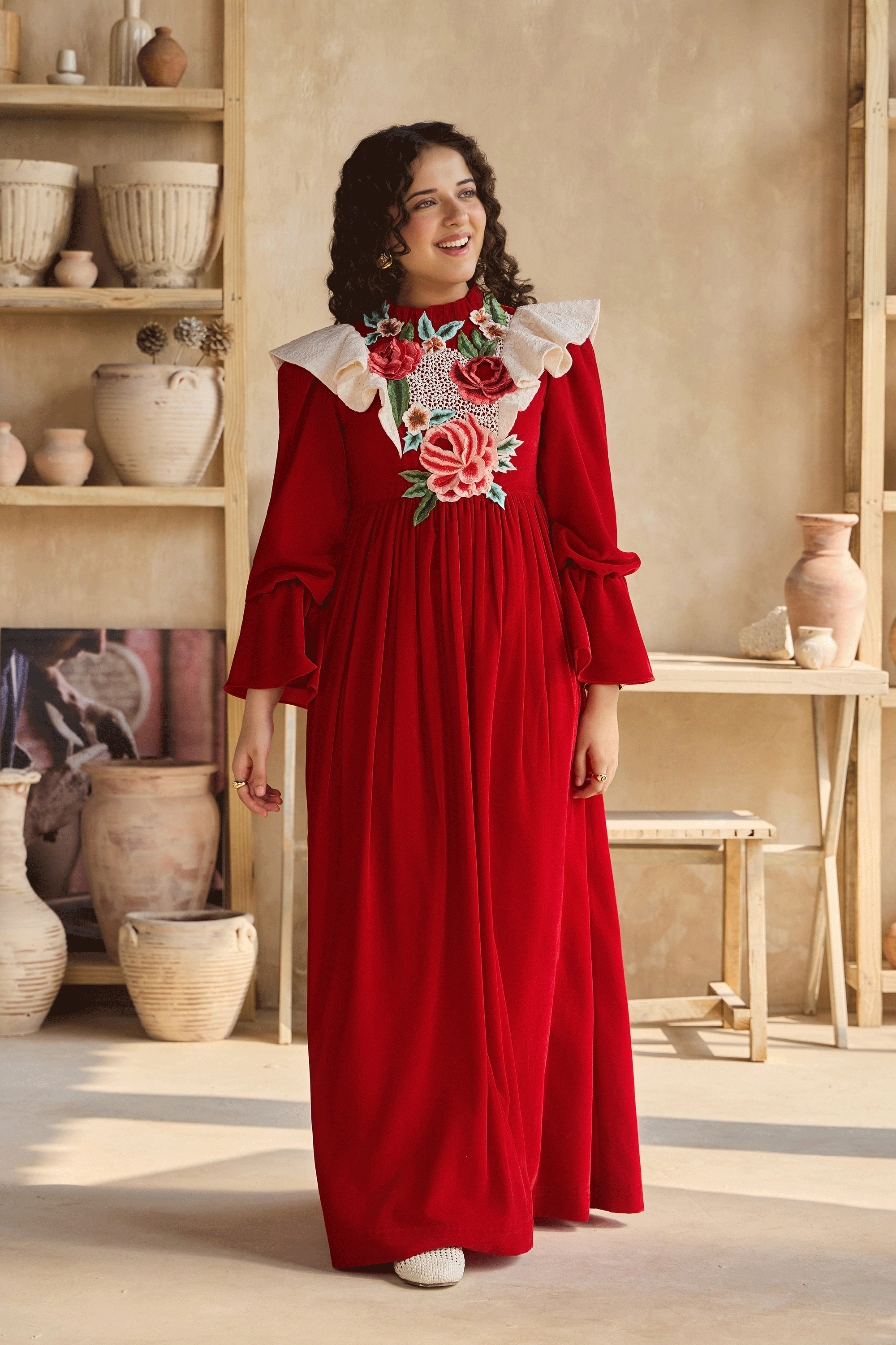 Narina Flower Red Velvet Dress