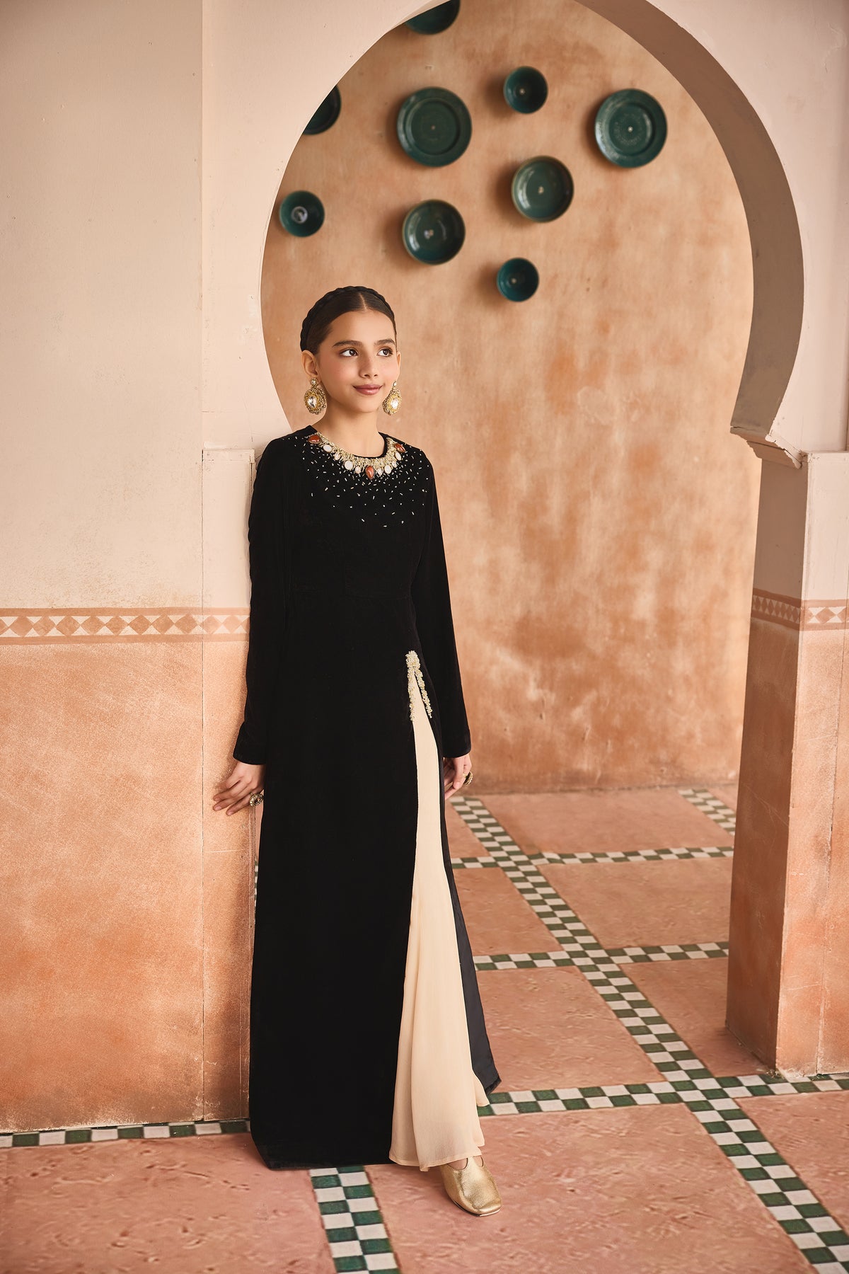 Naira Black Velvet Tunic & Beige Flared Pants