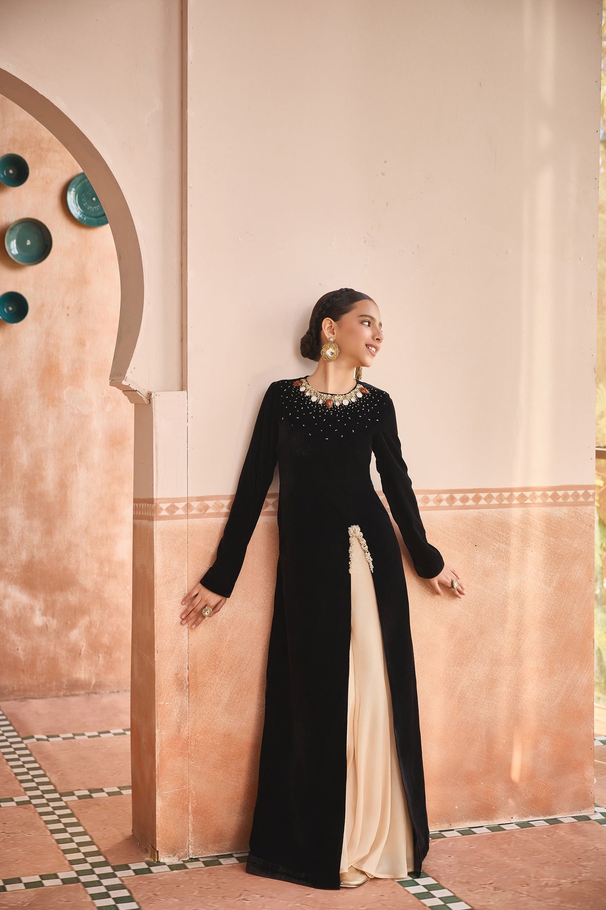 Naira Black Velvet Tunic & Beige Flared Pants
