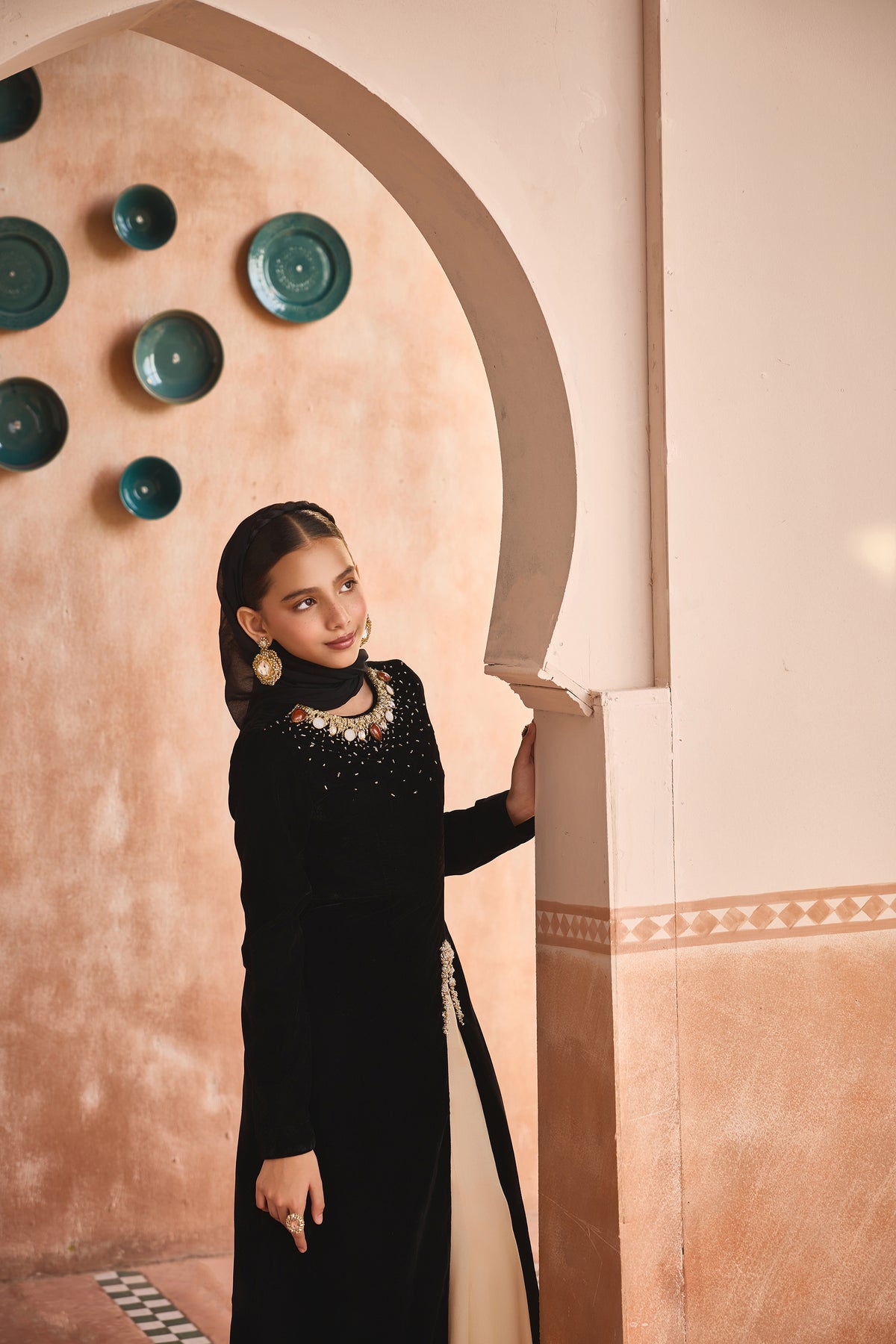 Naira Black Velvet Tunic & Beige Flared Pants with Scarf