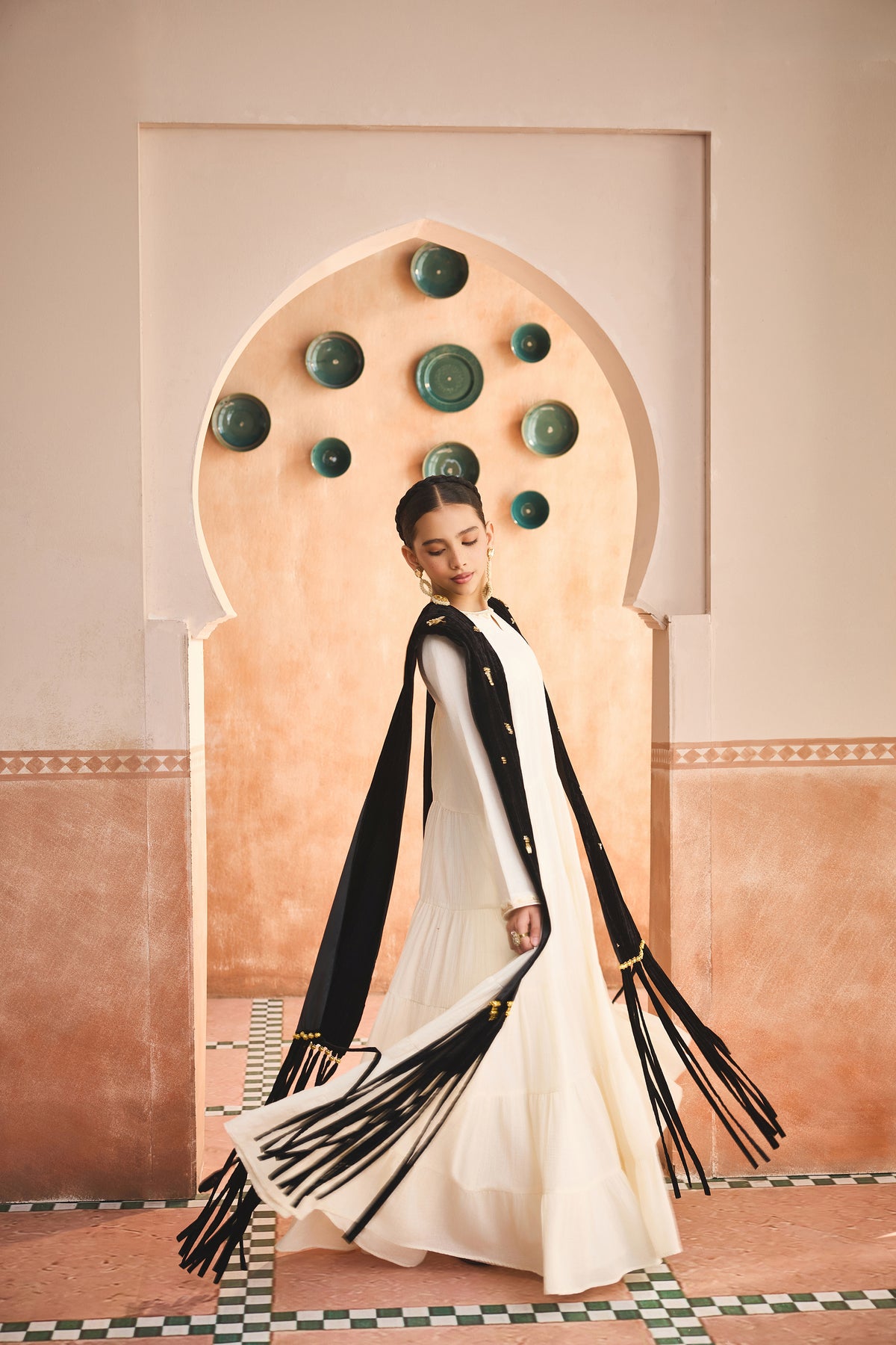 Nayel Black Fringe Cape with Cia Full Sleeves Jalabiya