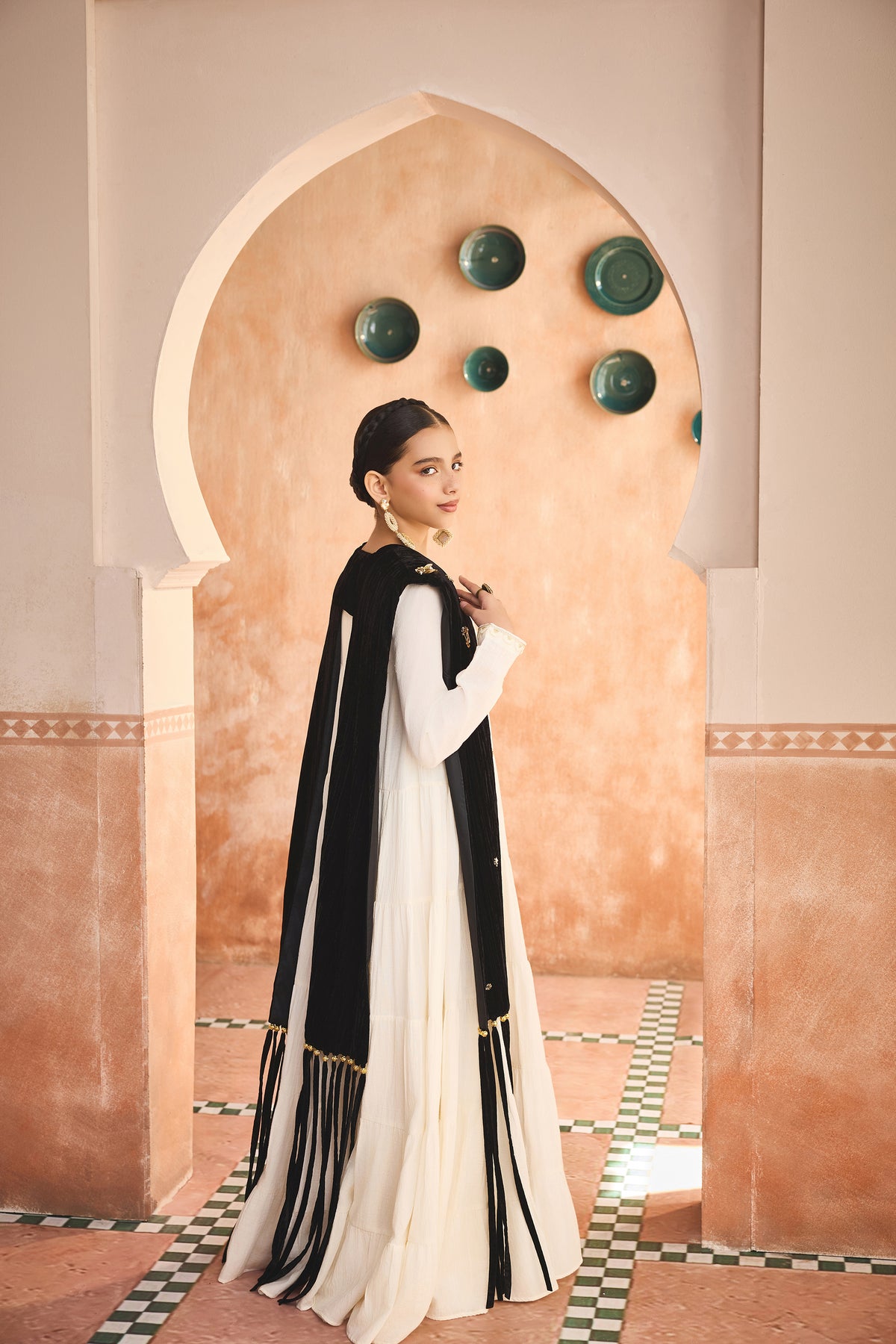 Nayel Black Fringe Cape with Cia Full Sleeves Jalabiya