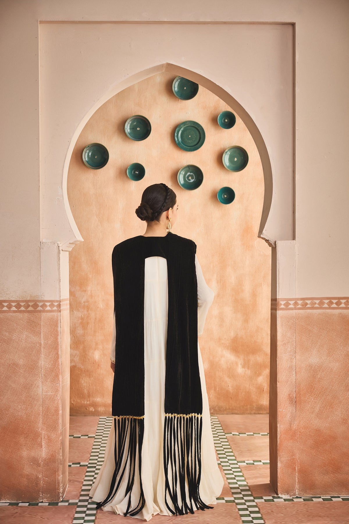 Nayel Black Fringe Cape with Cia Full Sleeves Jalabiya